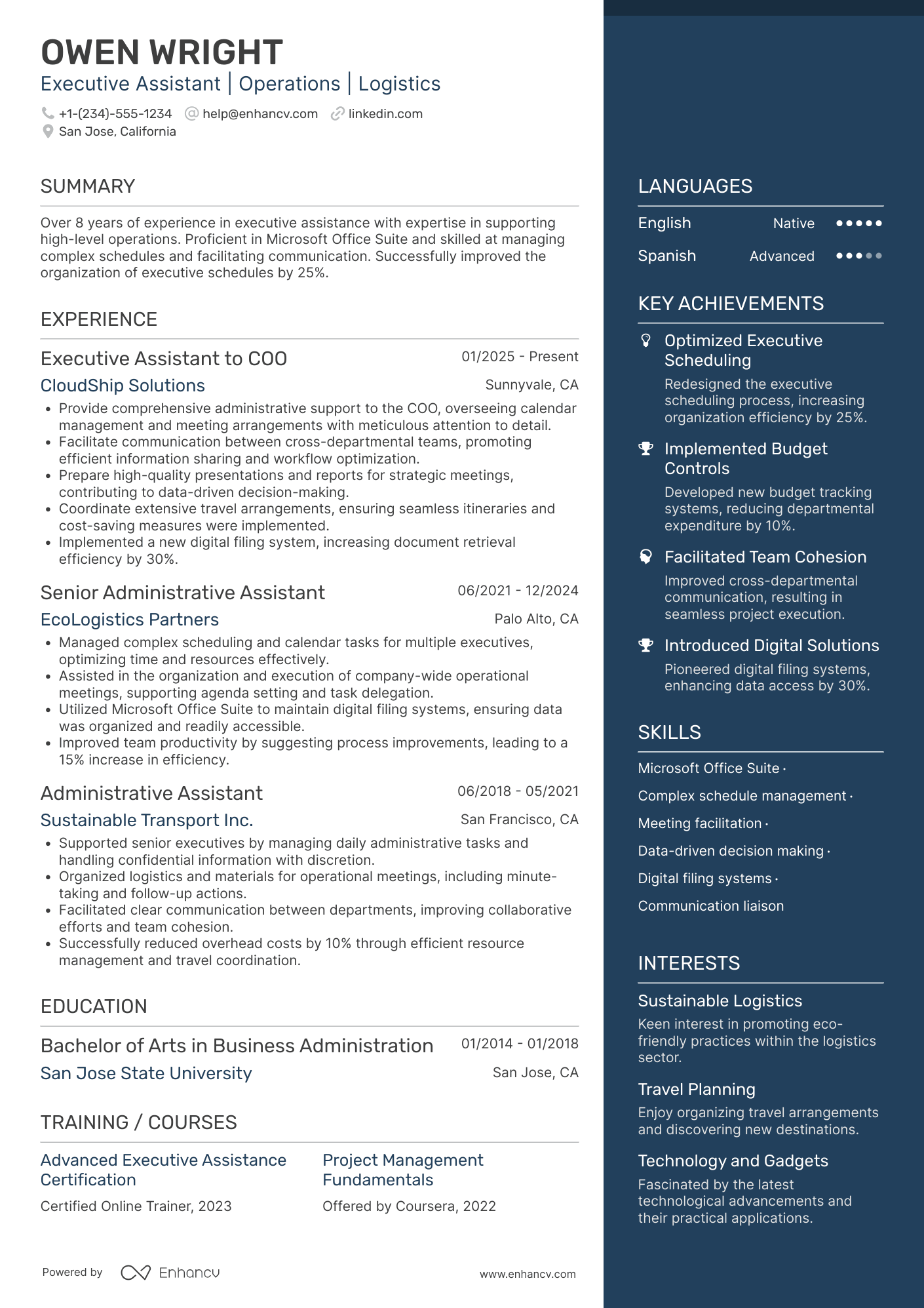 A resume example of a Executive Assistant for Operations