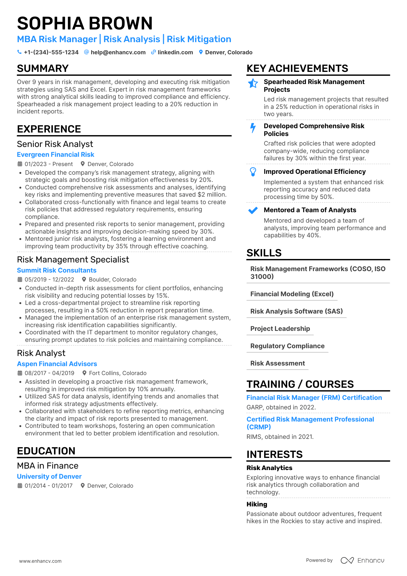 A resume example of a MBA Risk Manager