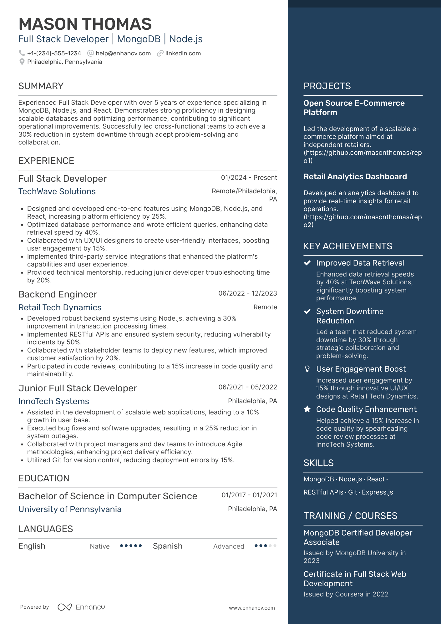 A resume example of a MongoDB Full Stack Developer