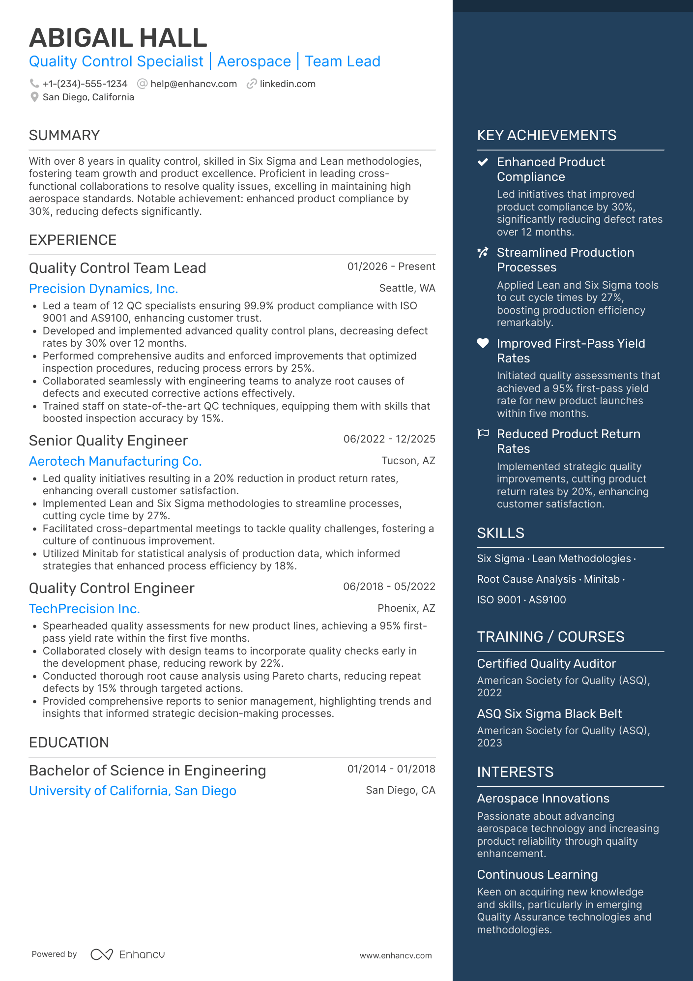 A resume example of a Quality Control Team Lead