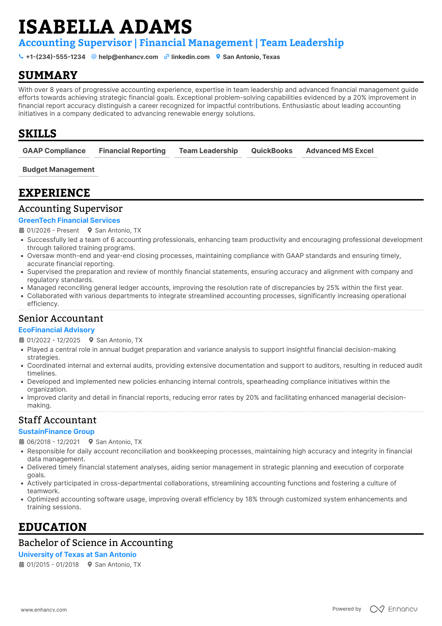 A resume example of a Accounting Supervisor