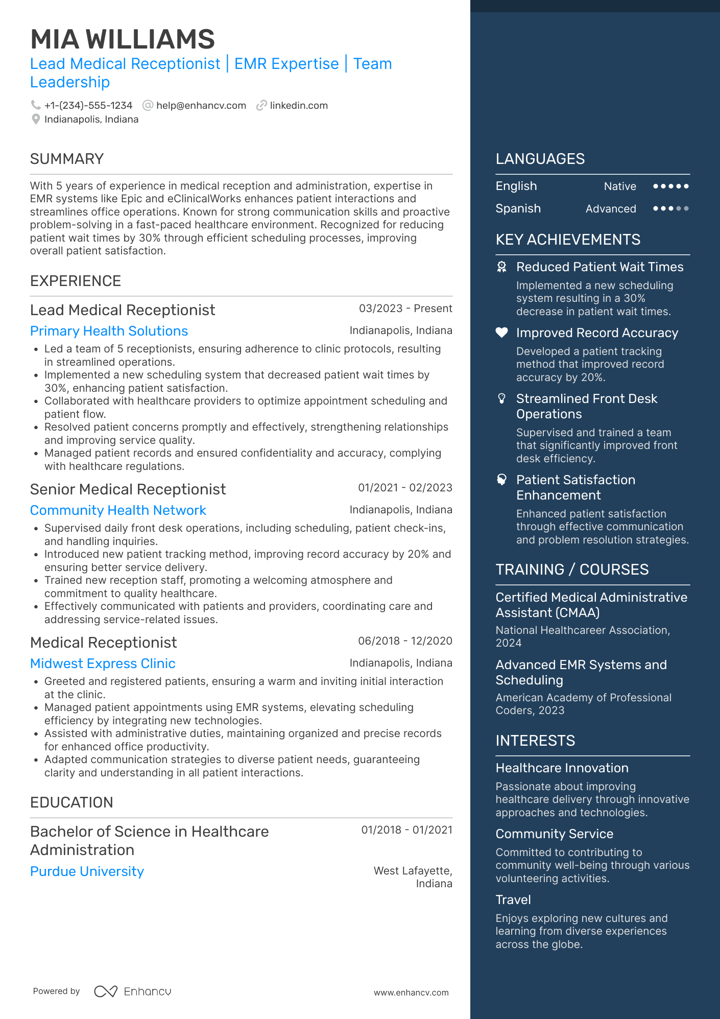 A resume example of a Lead Medical Receptionist