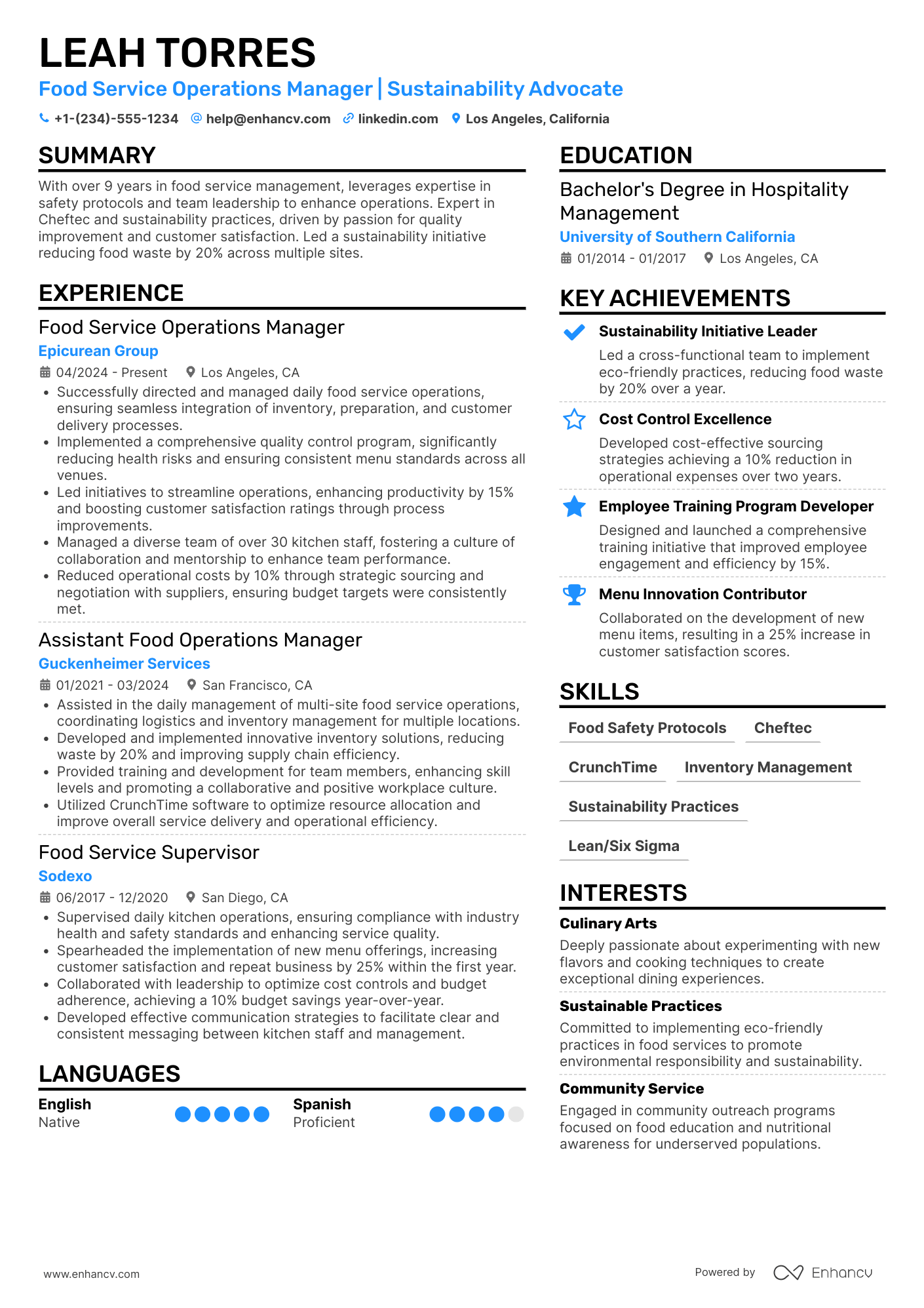 A resume example of a Food Service Operations Manager