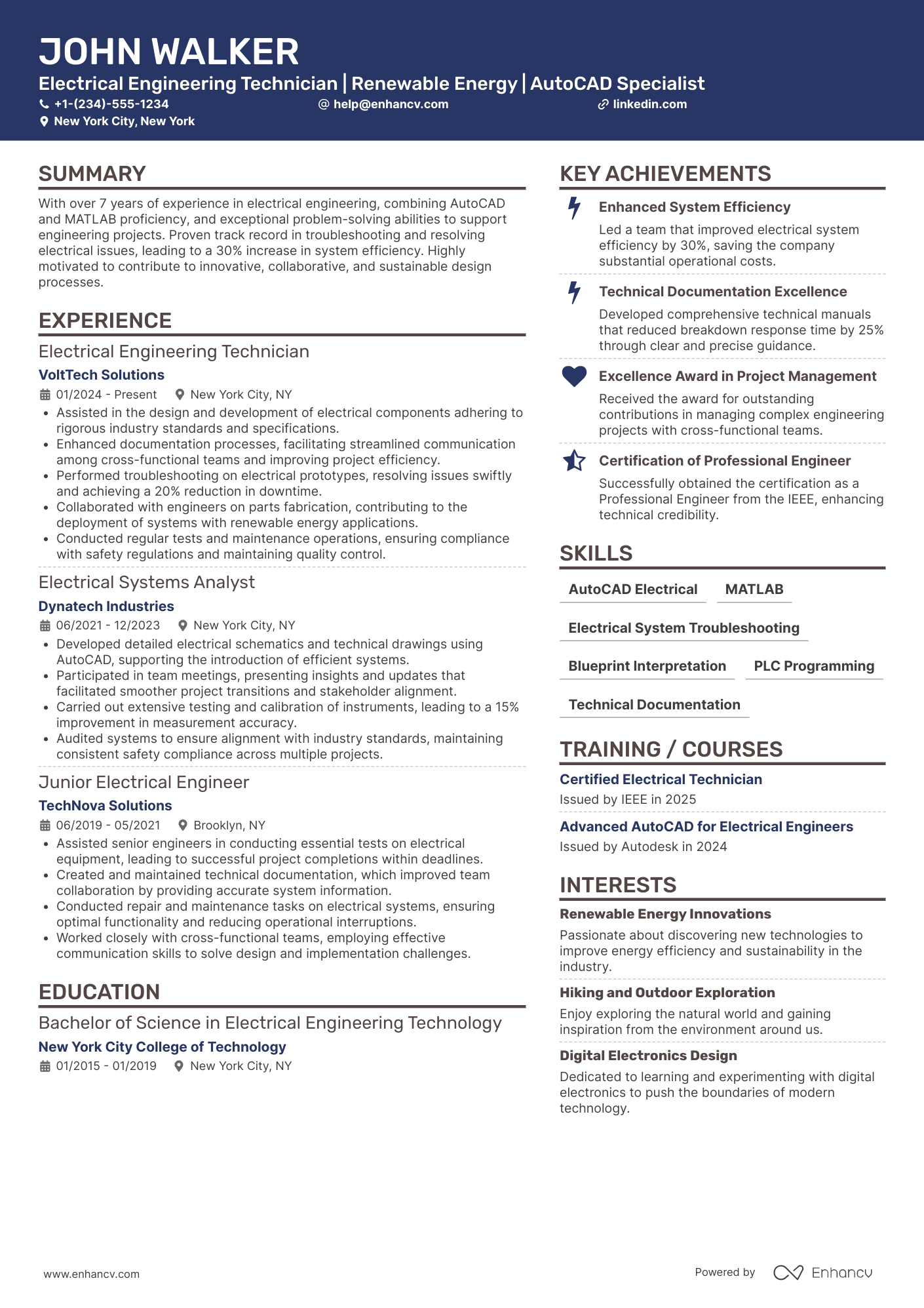 A resume example of a Electrical Engineering Technician