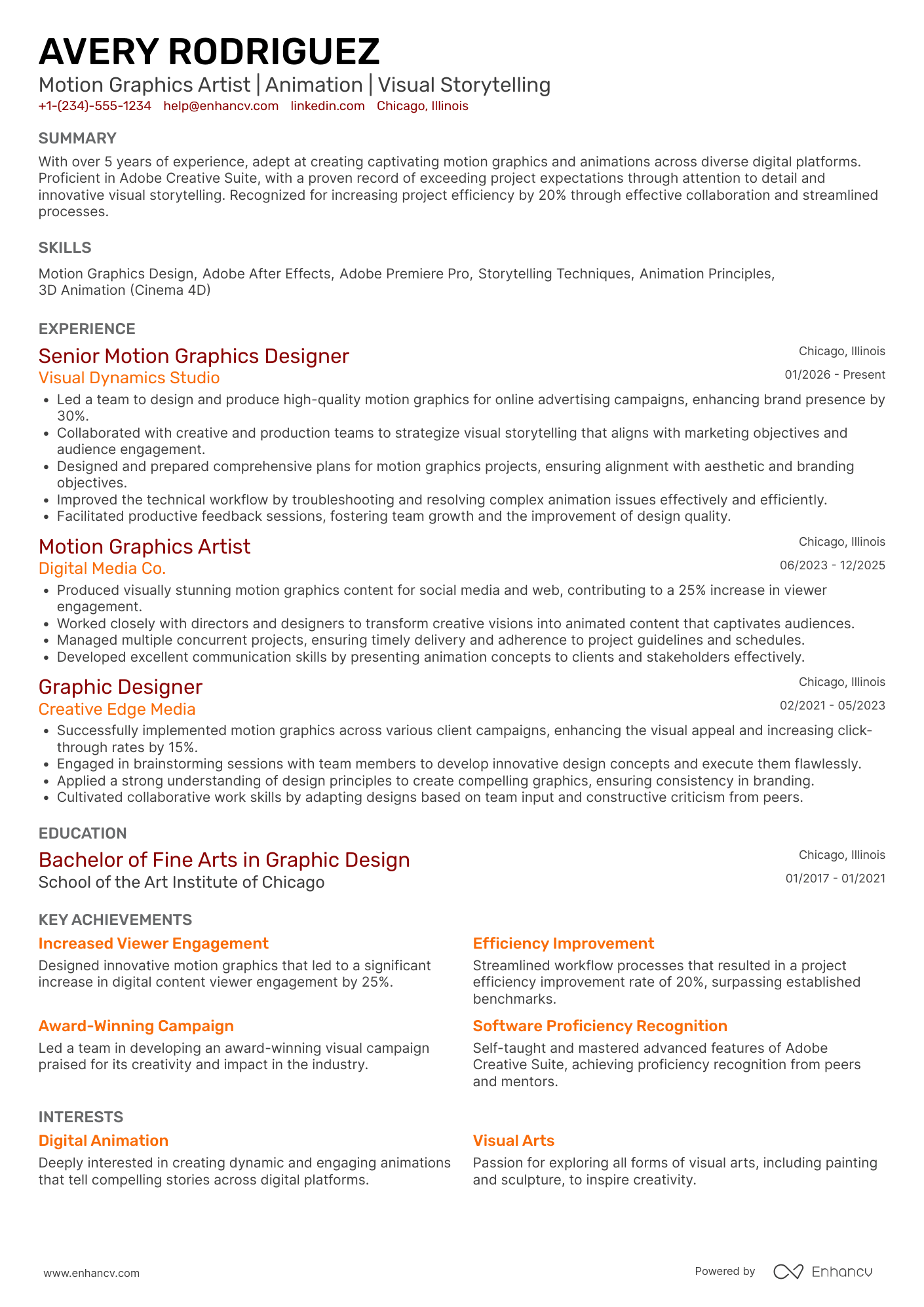 A resume example of a Motion Graphics Artist