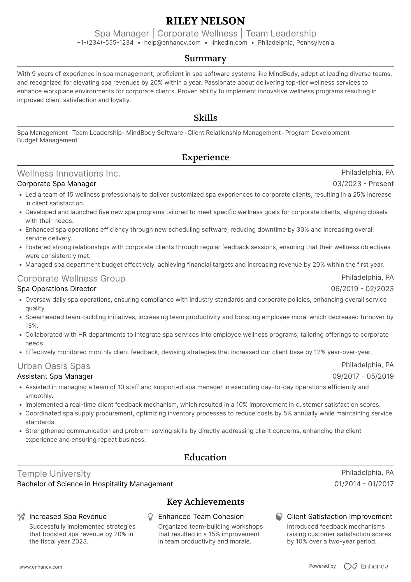 A resume example of a Corporate Spa Manager