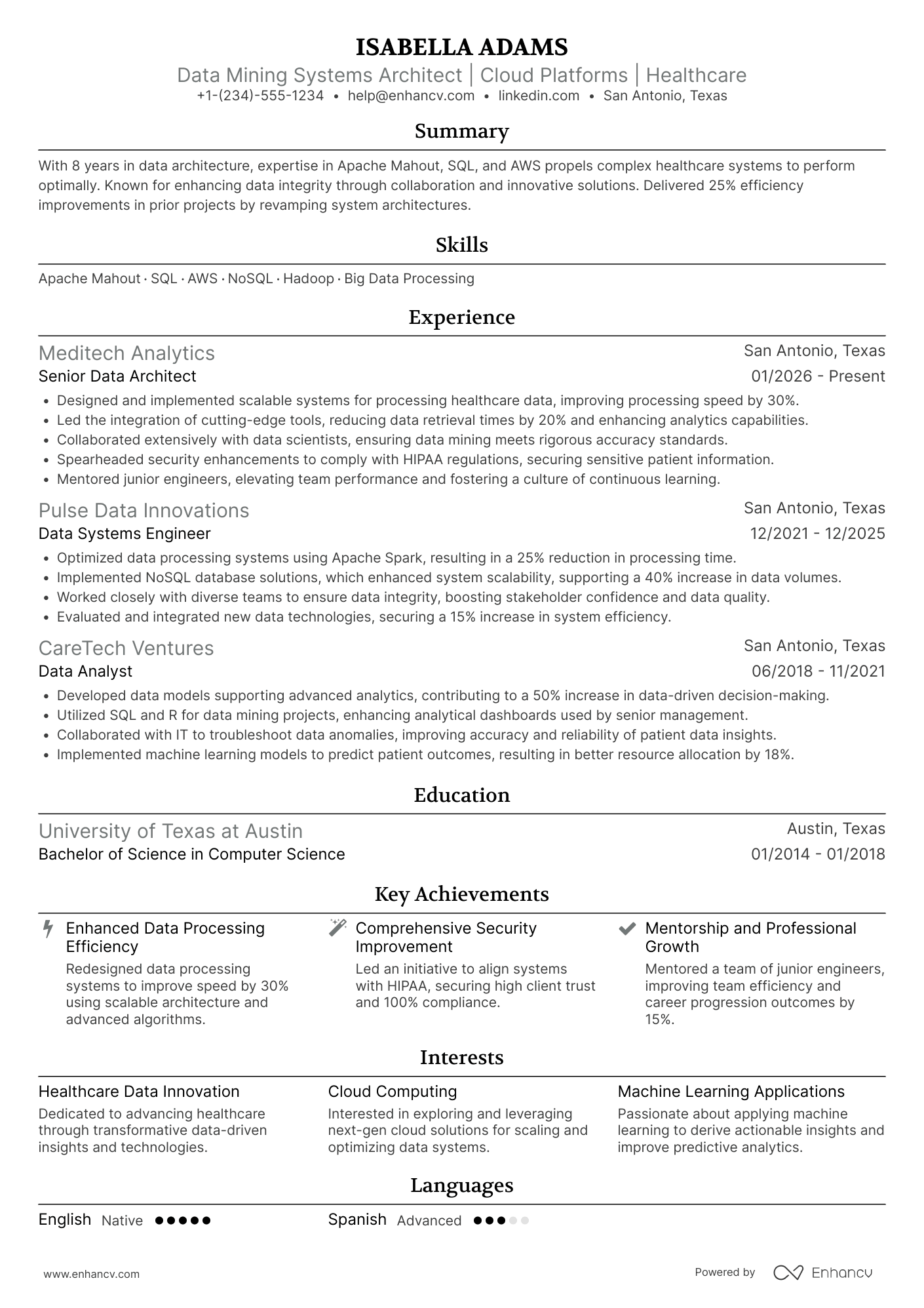 A resume example of a Data Mining Systems Architect