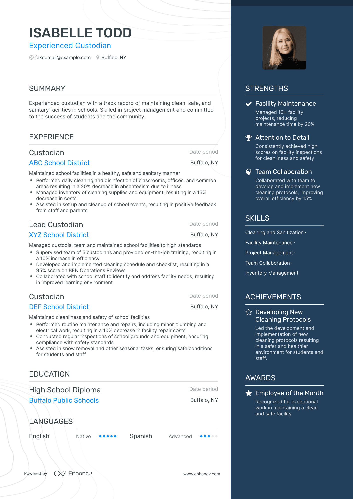 One Page Custodian Resume Template