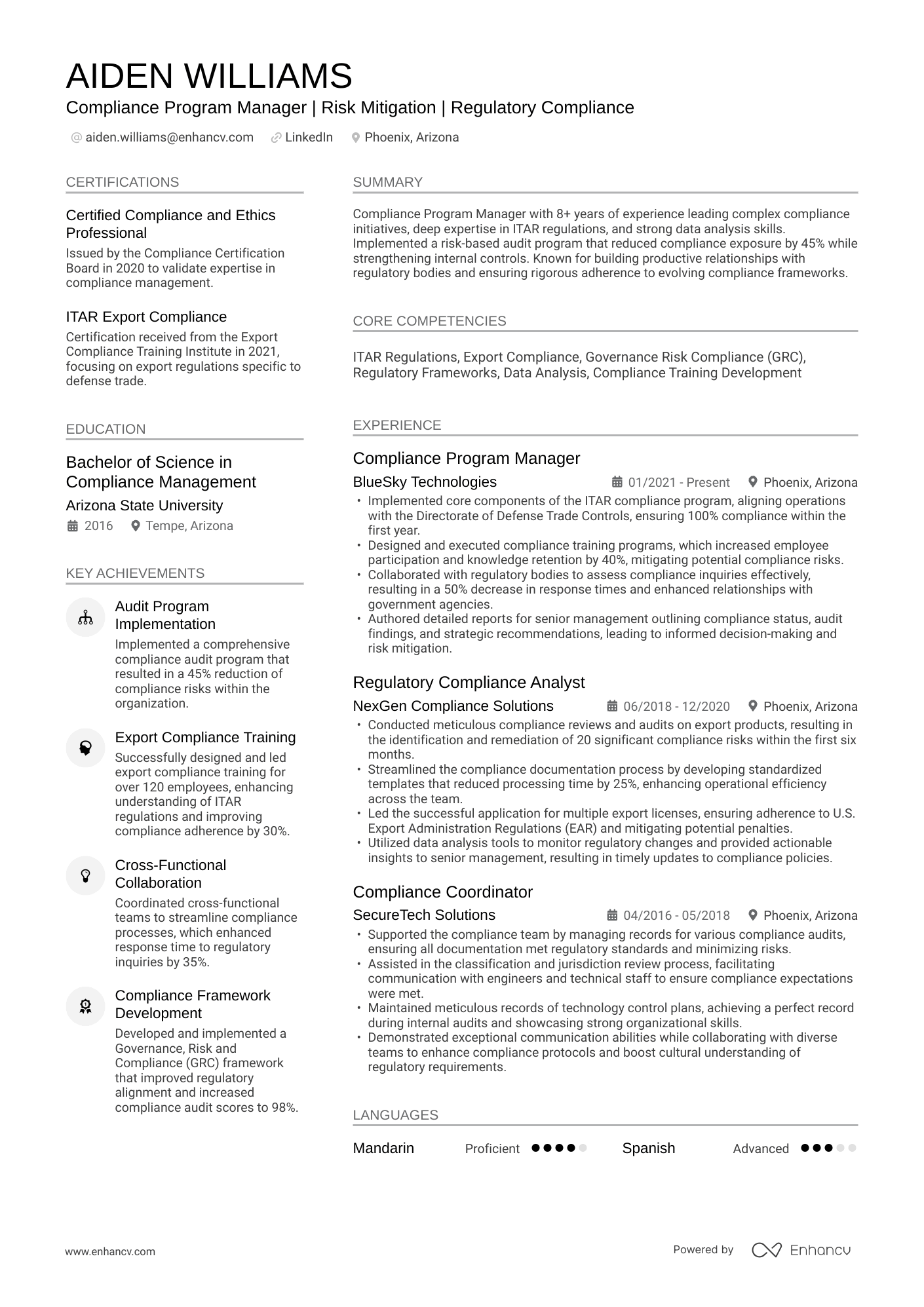 A resume example of a Compliance Program Manager
