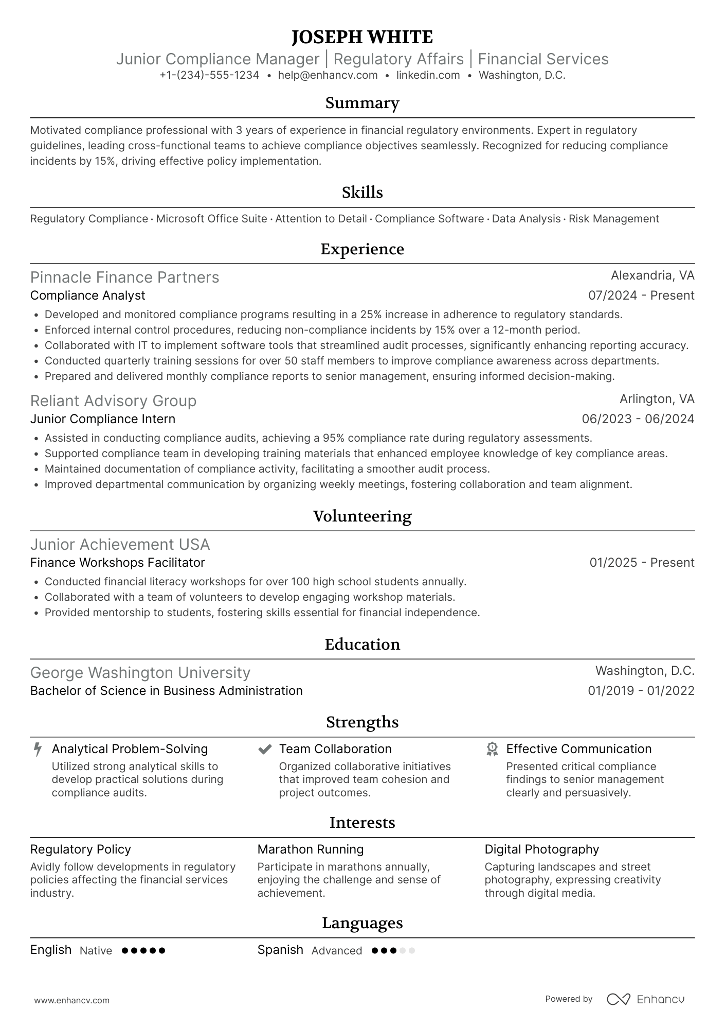A resume example of a Junior Compliance Manager