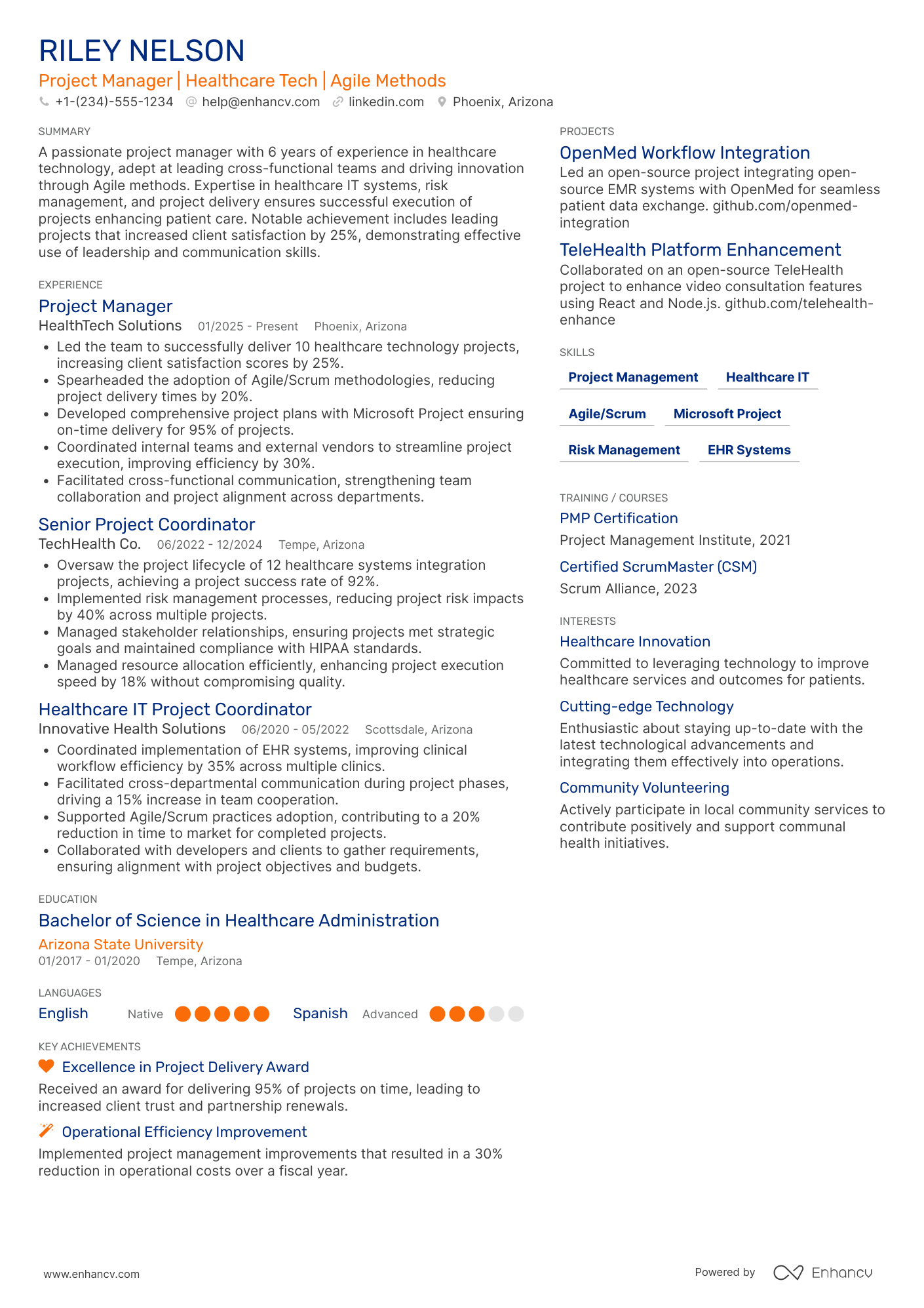 A resume example of a Silicon Valley Healthcare Tech Project Manager