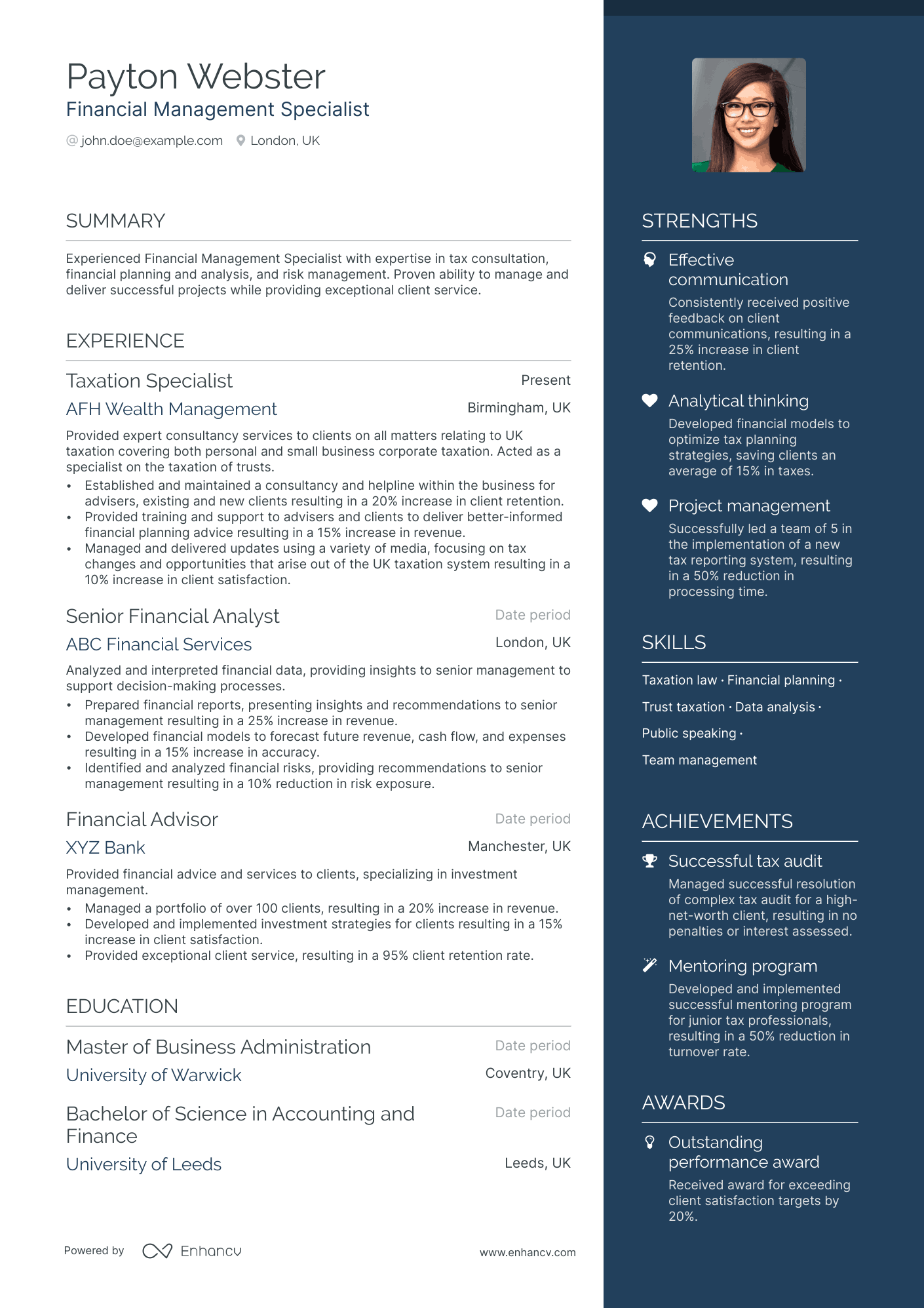 A resume example of a Financial Management Specialist