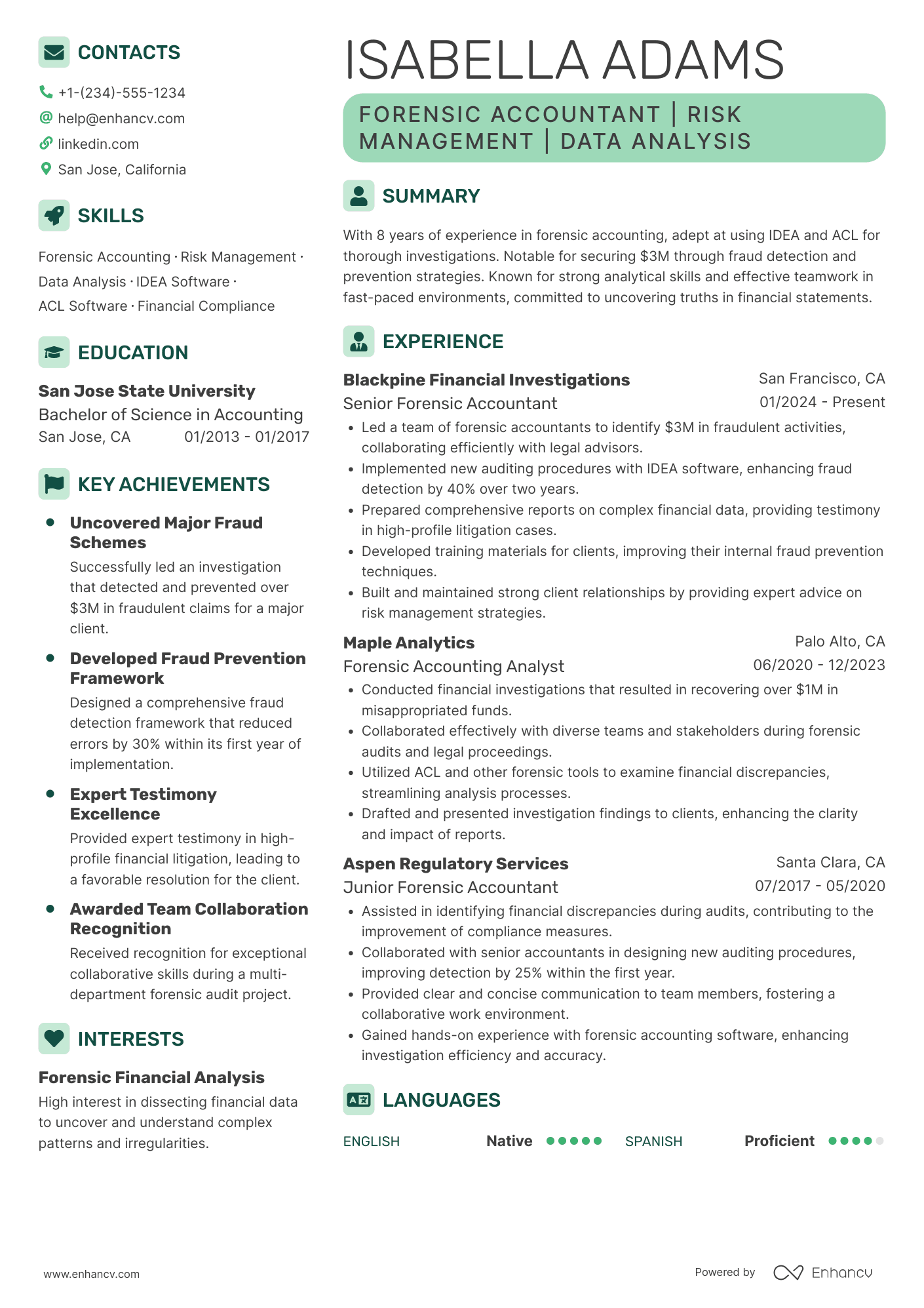 A resume example of a Forensic Accounting