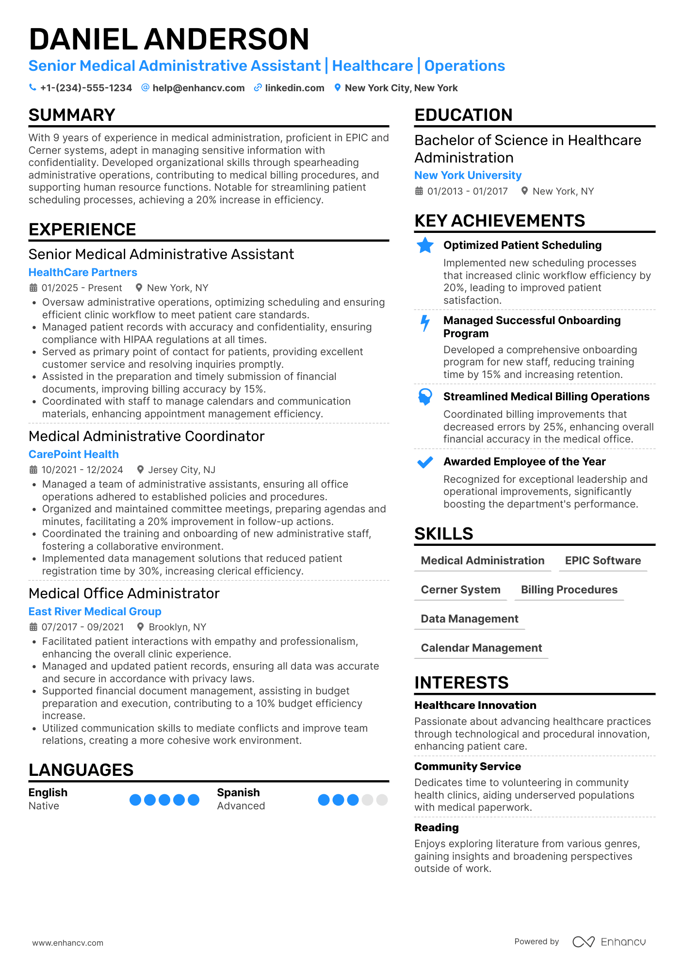 A resume example of a Senior Medical Administrative Assistant