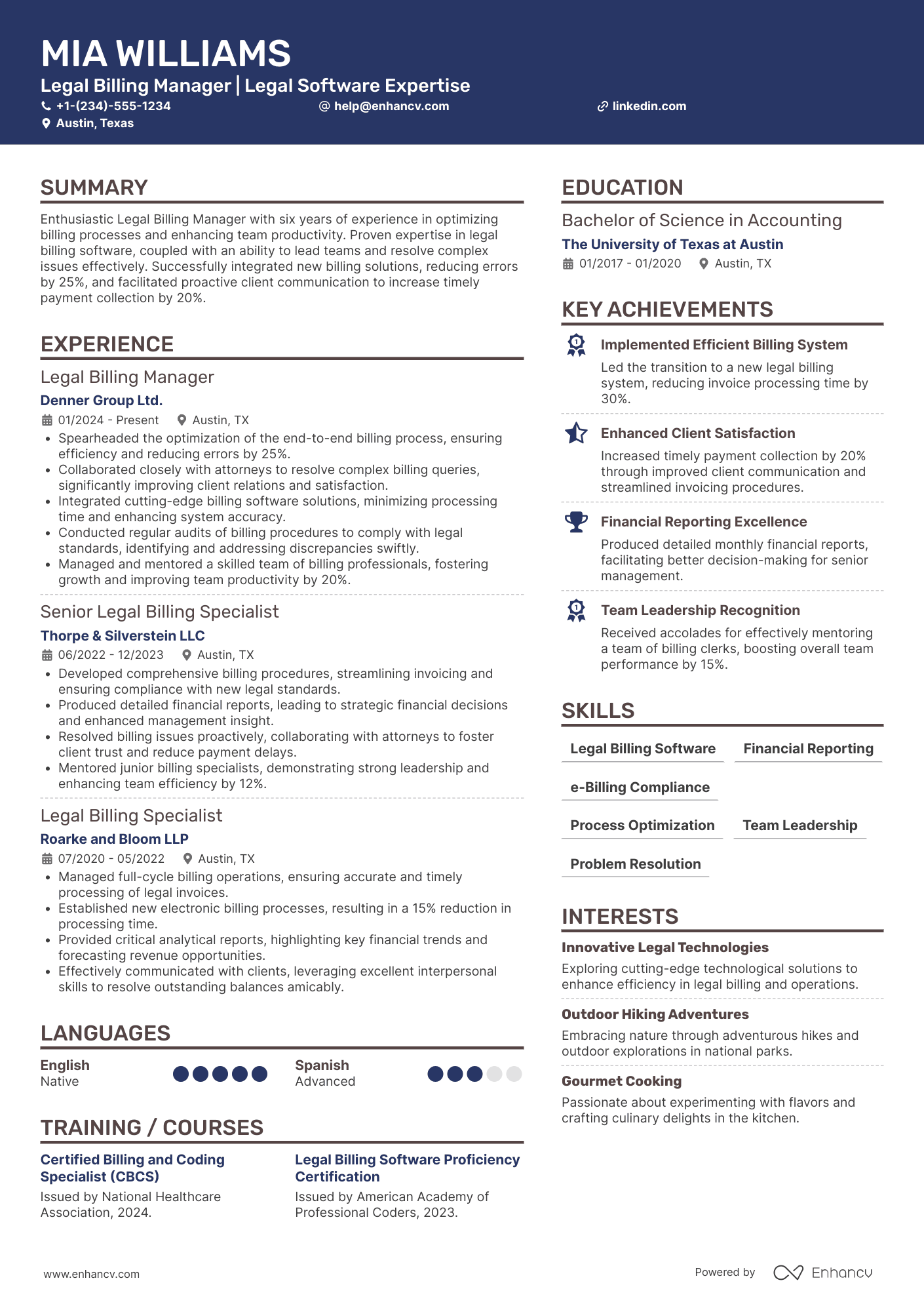 A resume example of a Legal Billing Manager