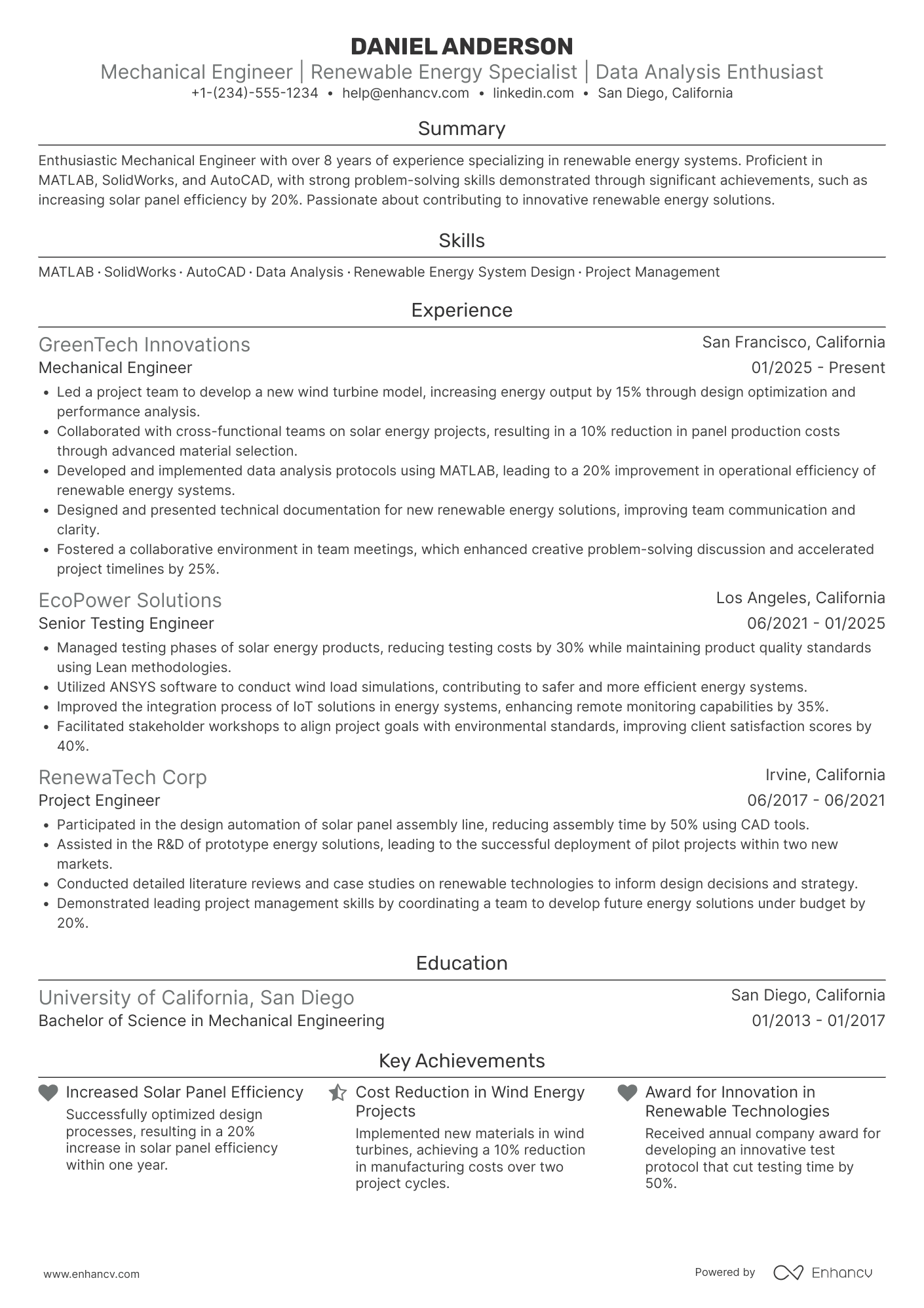 A resume example of a Senior Engineering Student Intern