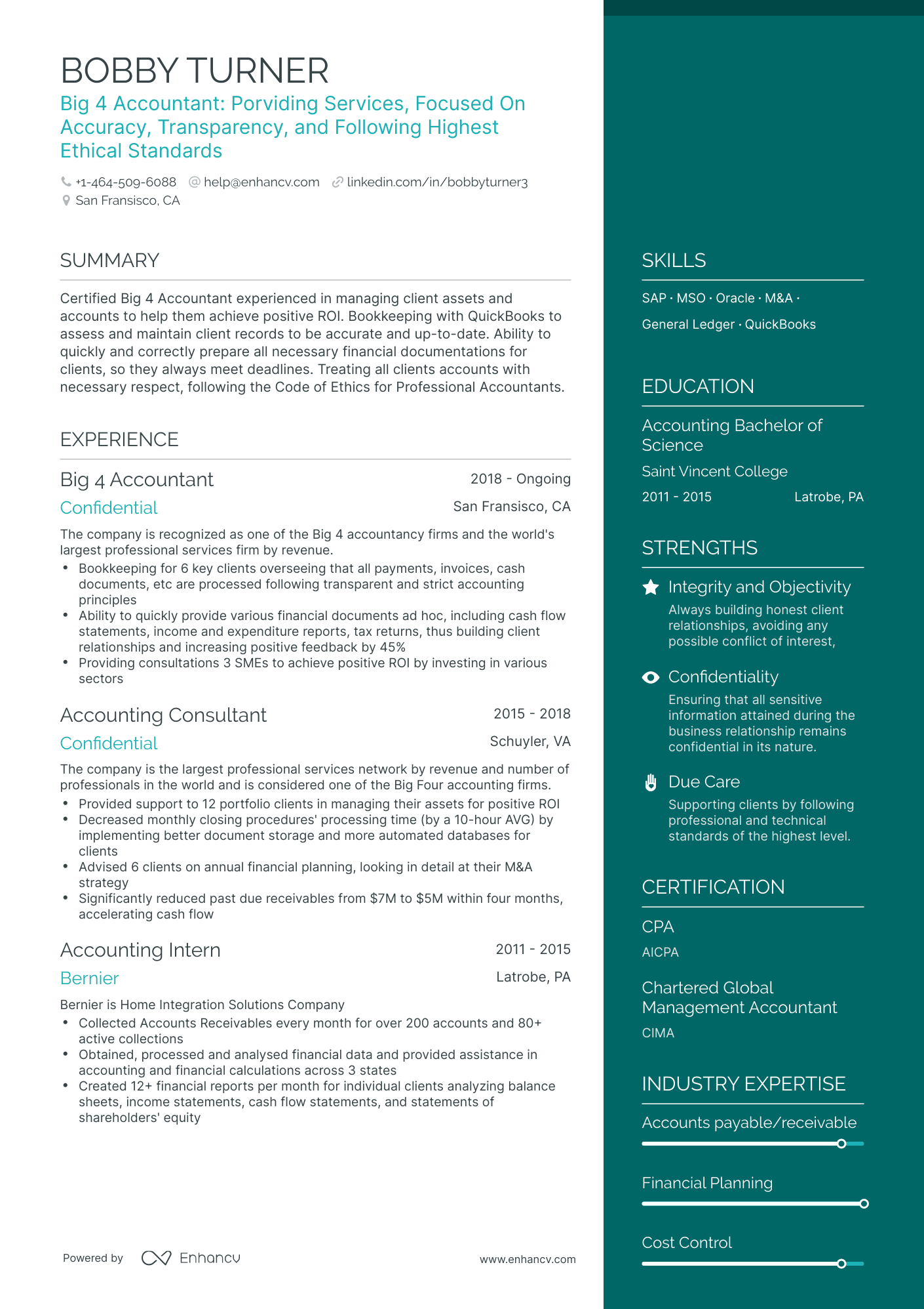 One Page Big 4 Accounting Resume Template