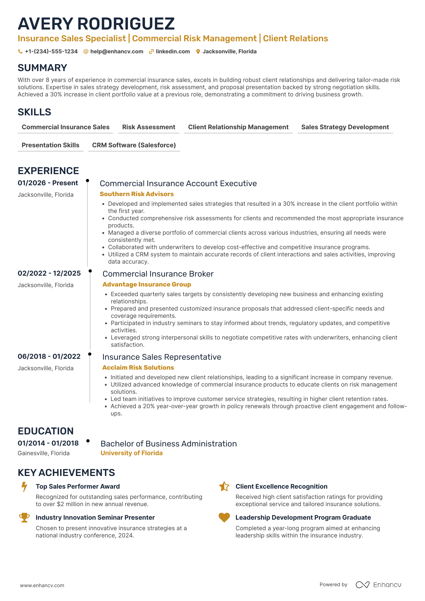A resume example of a Commercial Insurance Sales Specialist