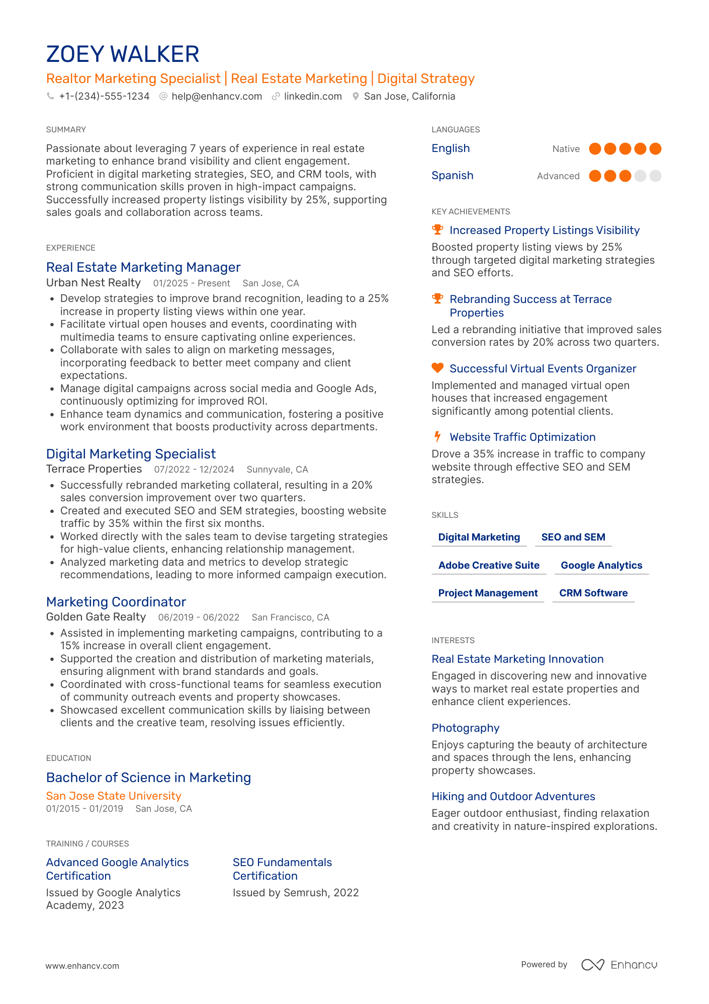 A resume example of a Realtor Marketing Specialist