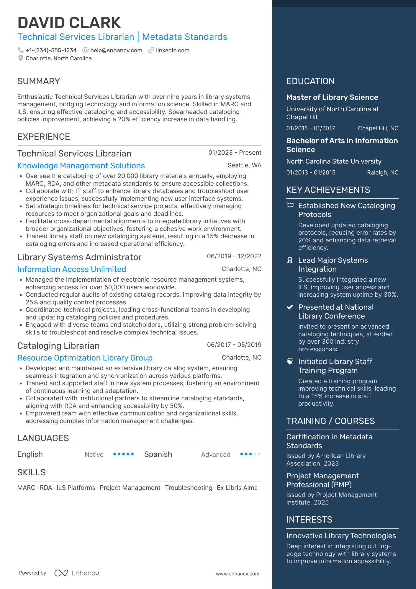 A resume example of a Technical Services Librarian