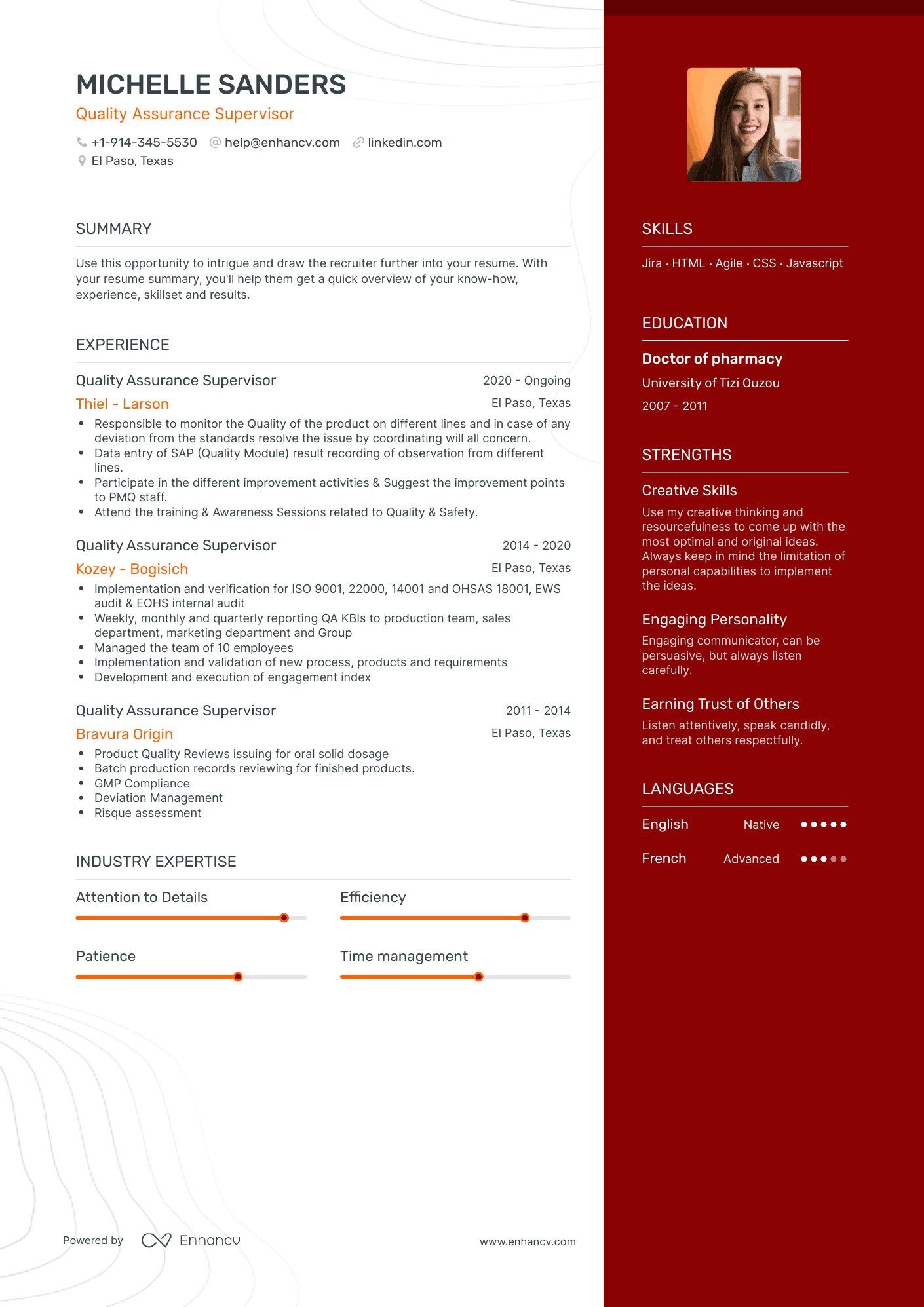 One Page Quality Assurance Supervisor Resume Template