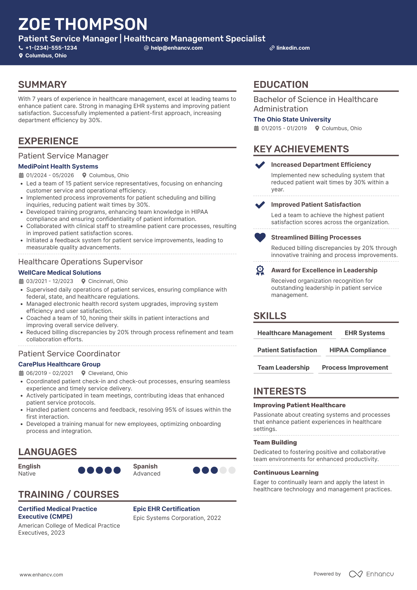 A resume example of a Patient Service Representative Manager