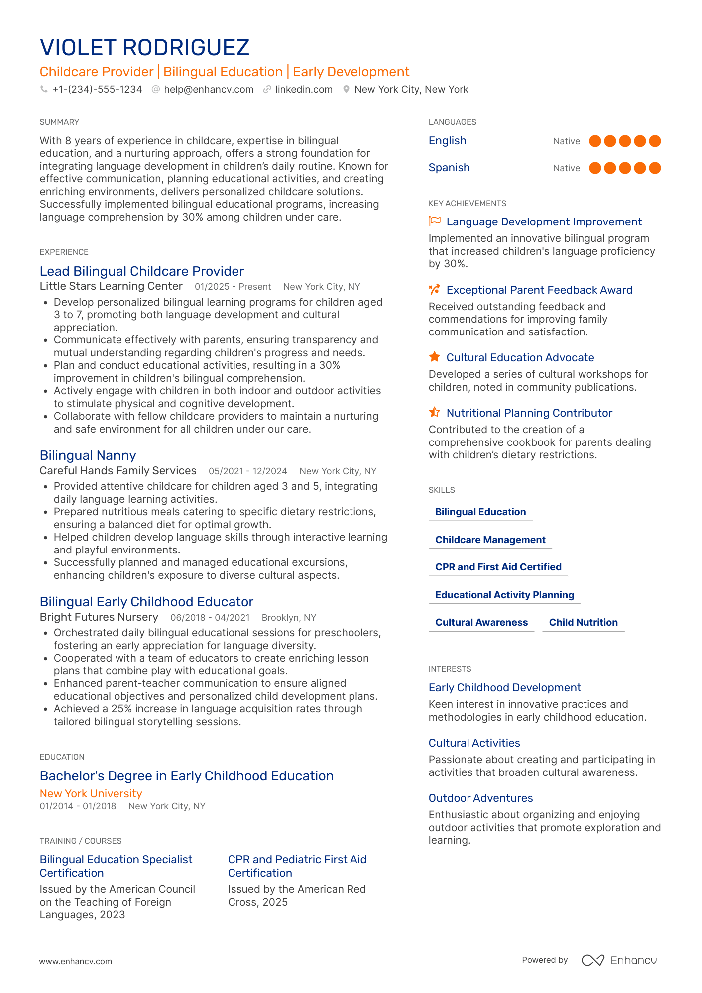 A resume example of a Bilingual Nanny