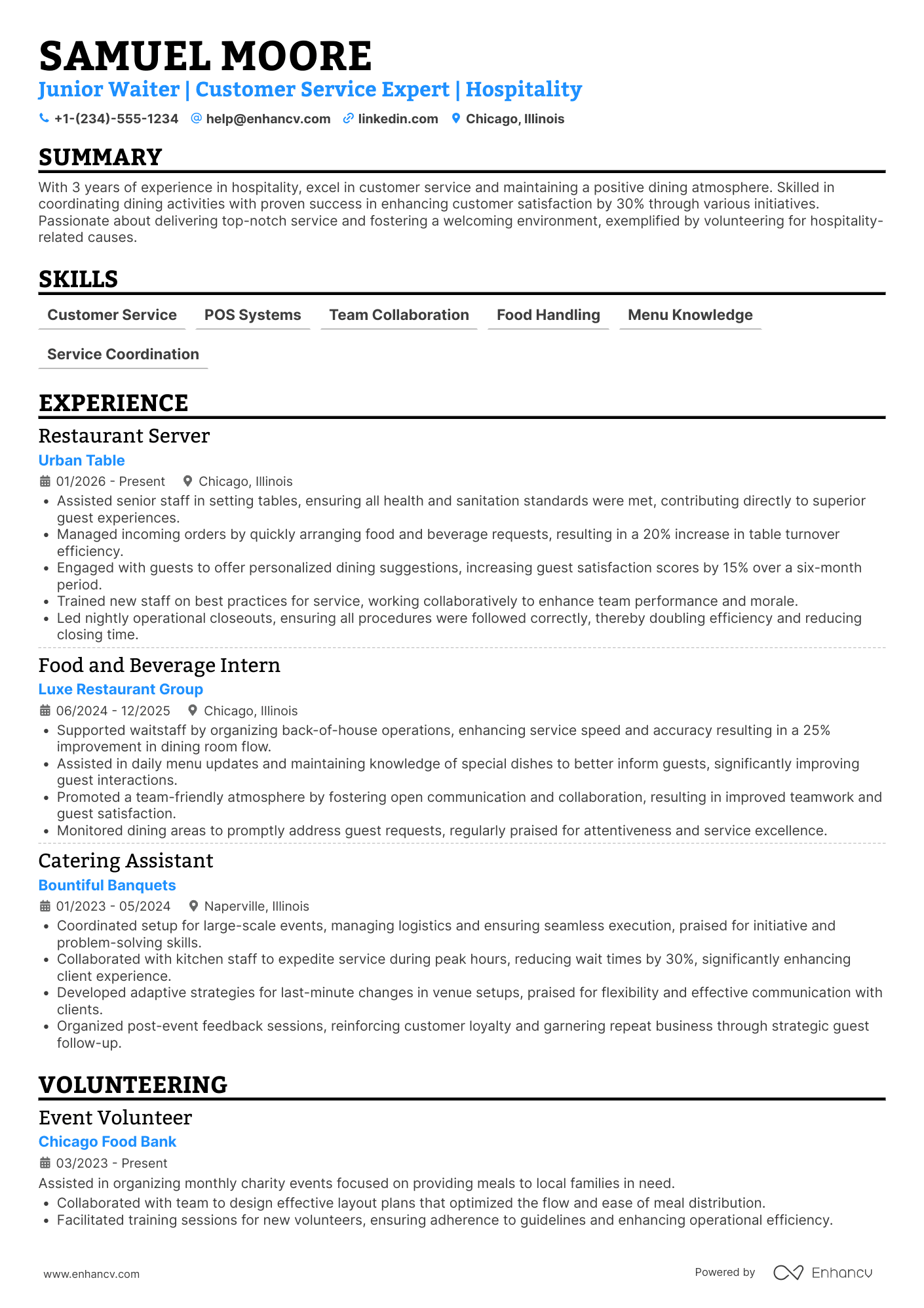 A resume example of a Junior Waiter