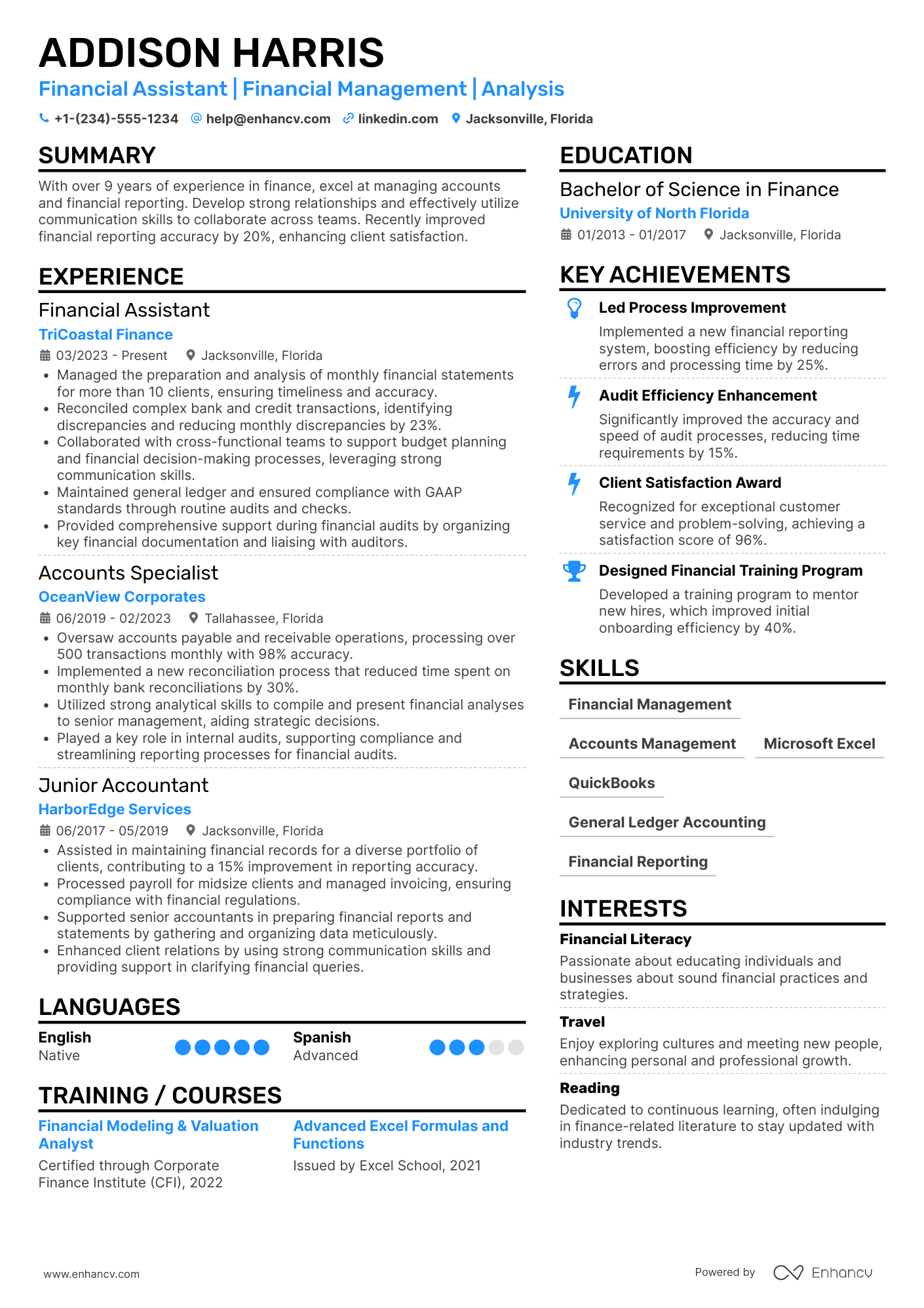 A resume example of a Financial Assistant