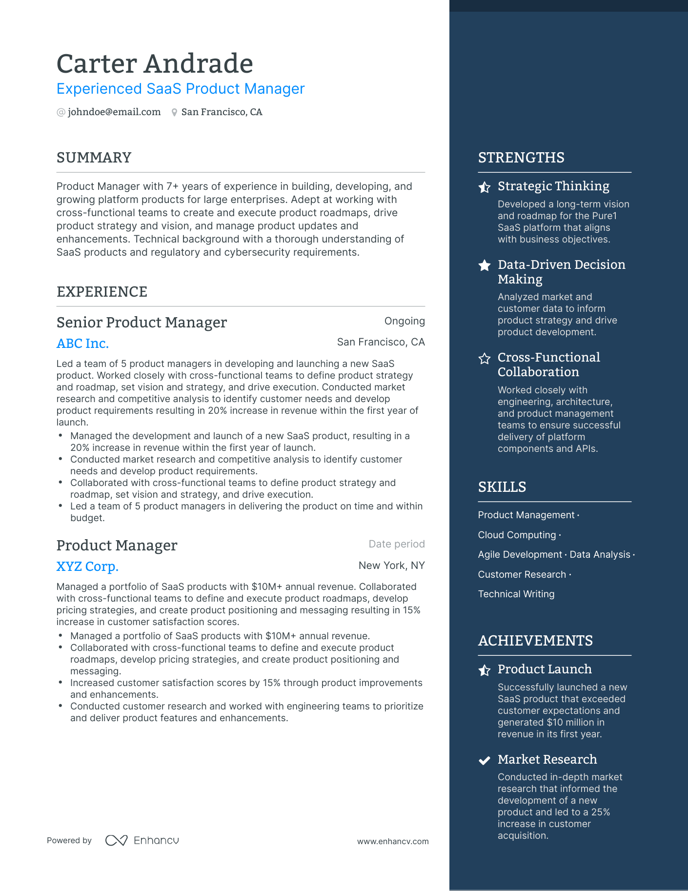 One Page SaaS Product Manager Resume Template
