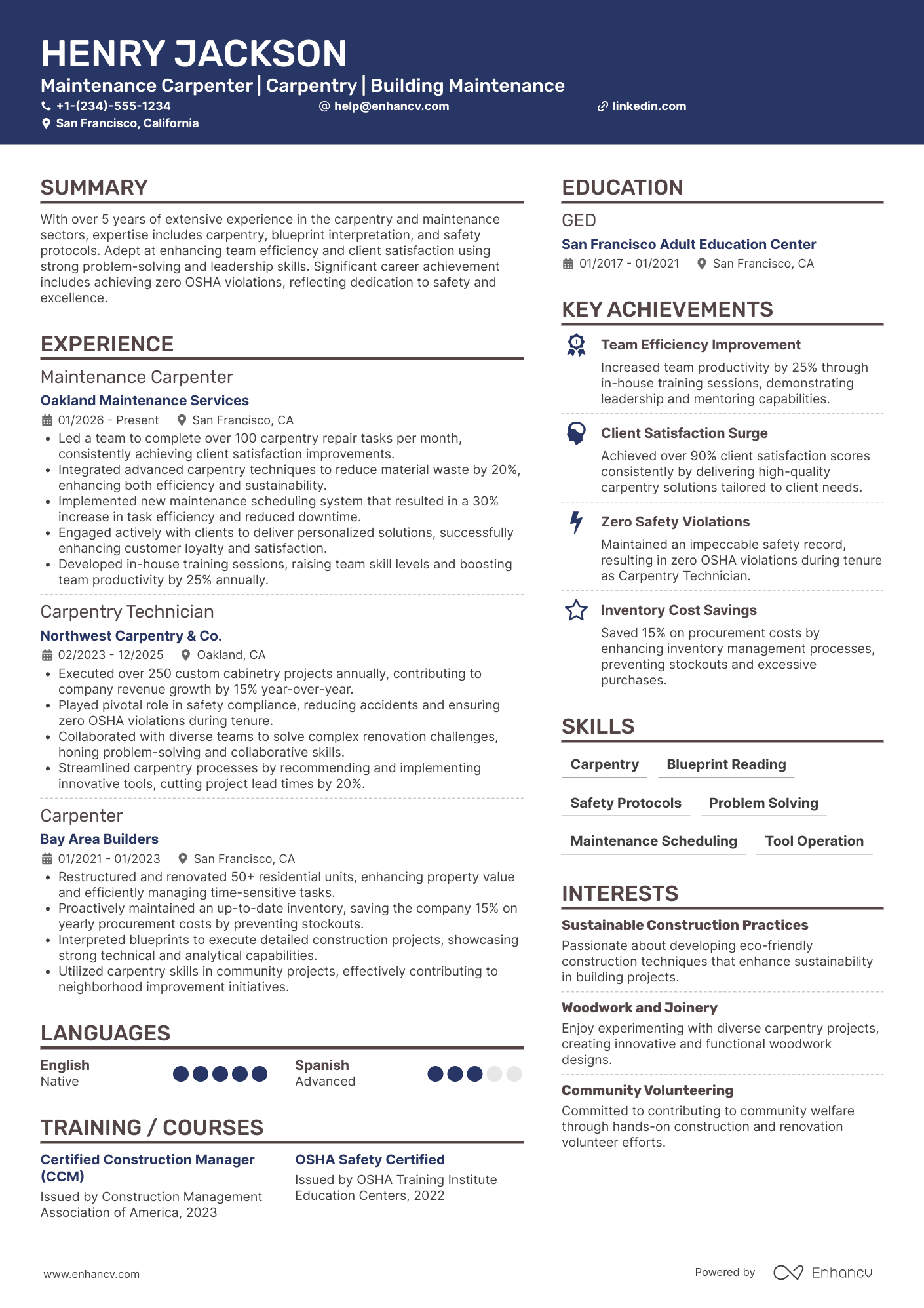A resume example of a Maintenance Carpenter