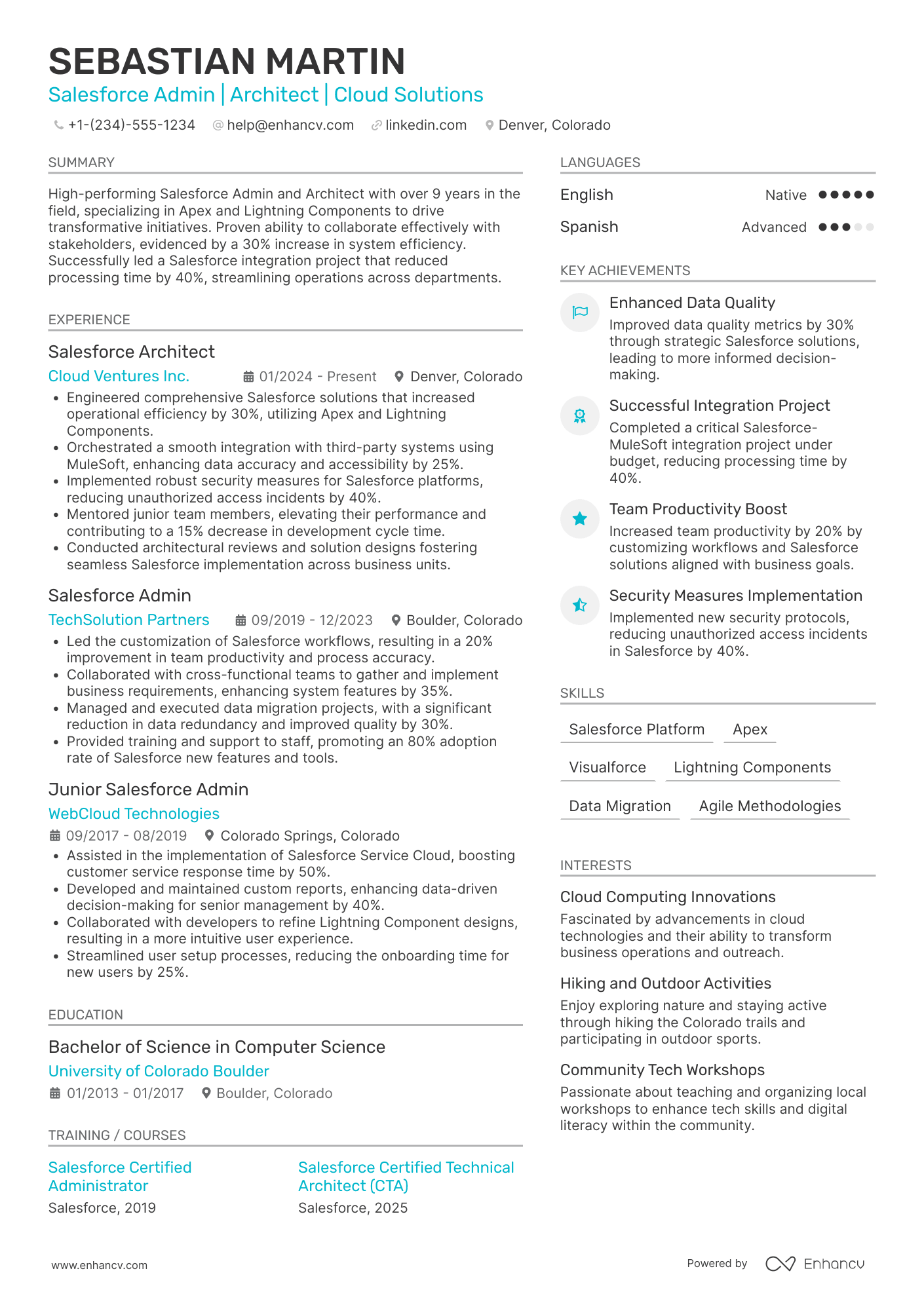 A resume example of a Salesforce Admin/Architect