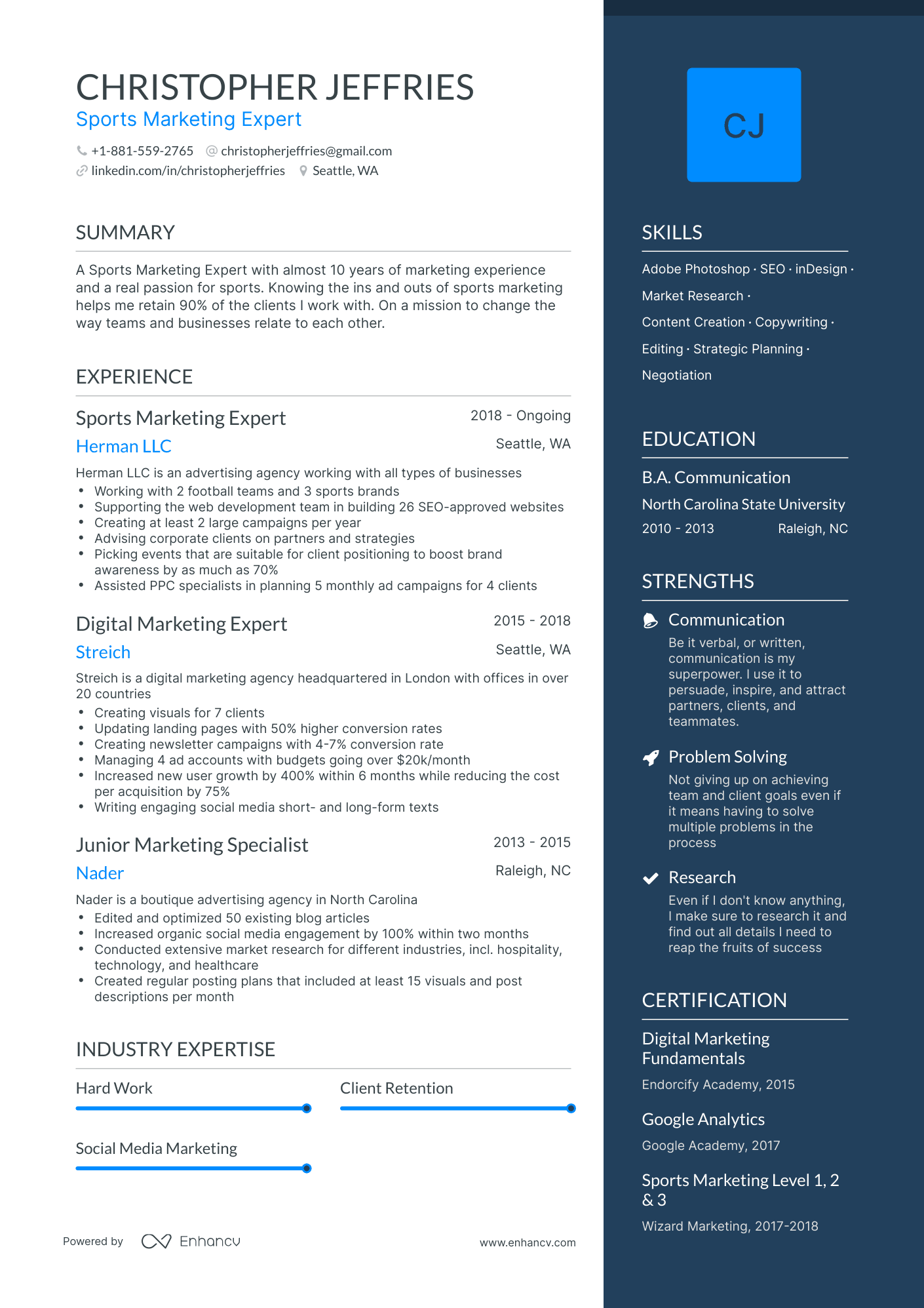 One Page Sports Marketing Resume Template