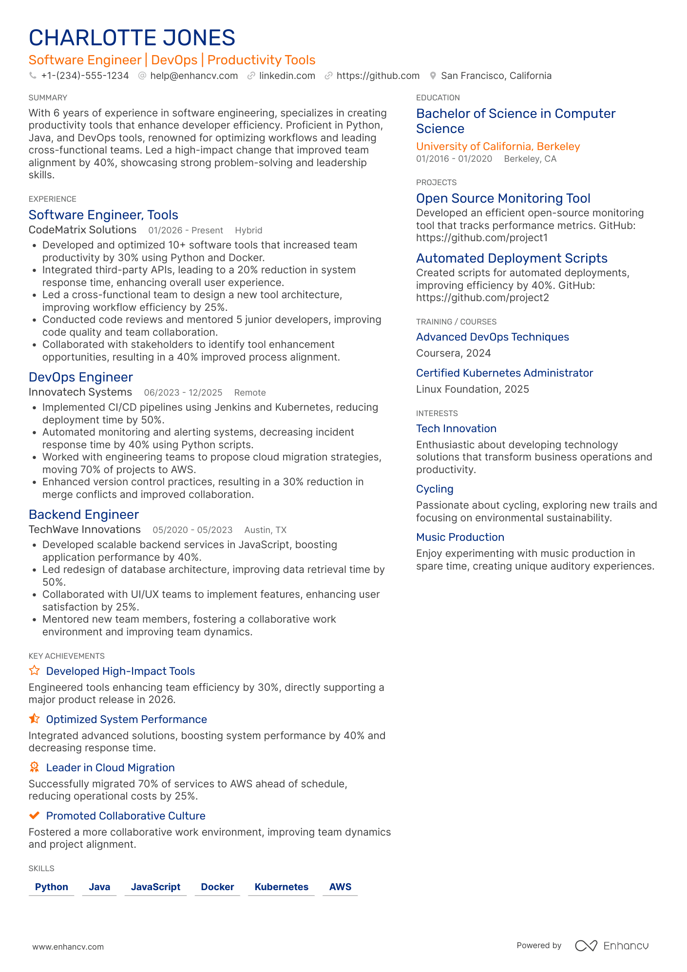 A resume example of a Software Engineer, Tools