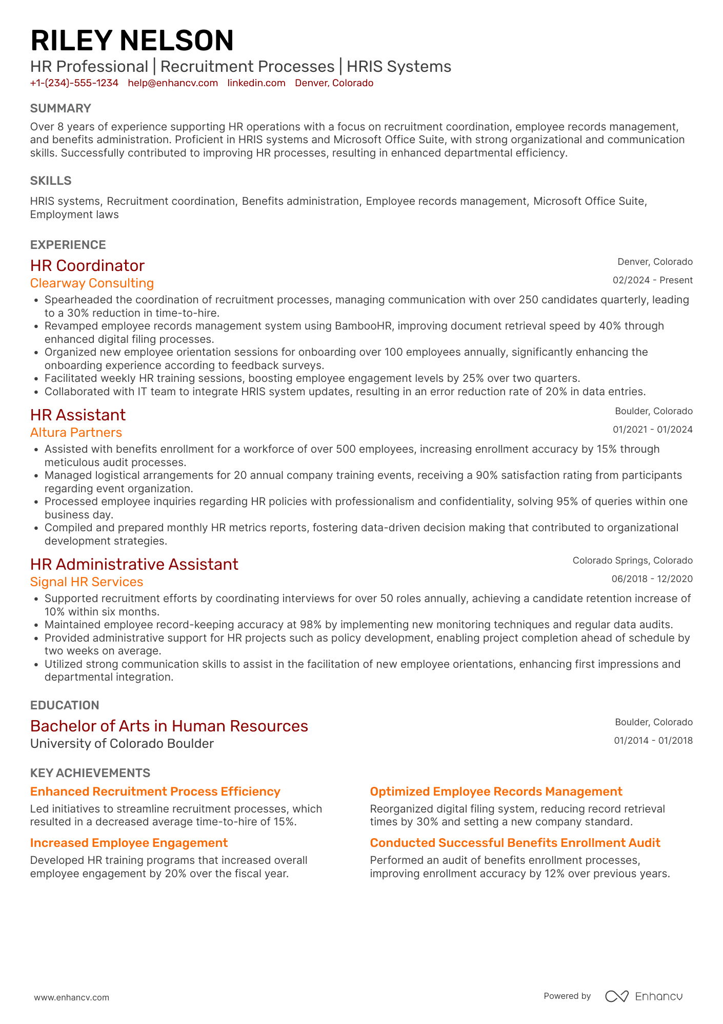 A resume example of a HR Generalist Assistant