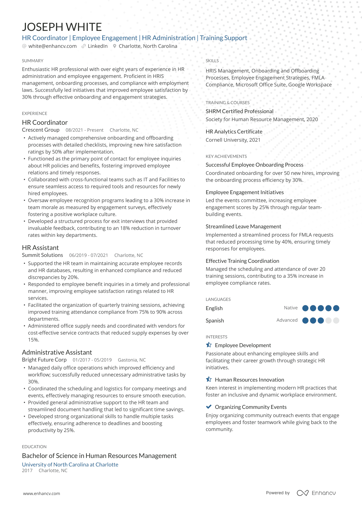 A resume example of a HR Coordinator