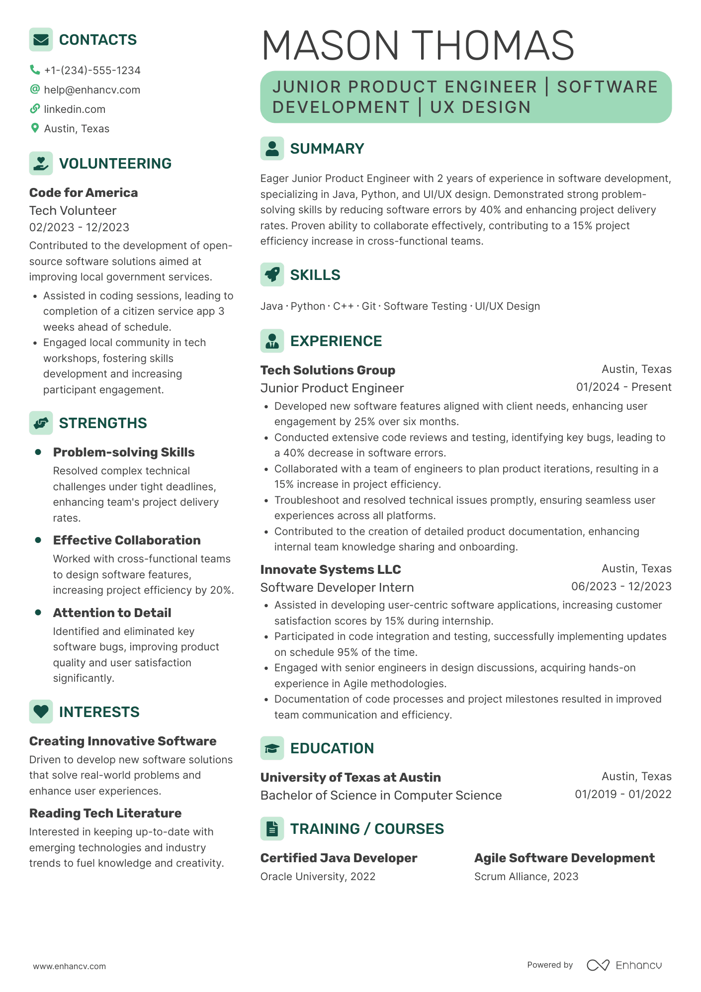 A resume example of a Junior Product Engineer