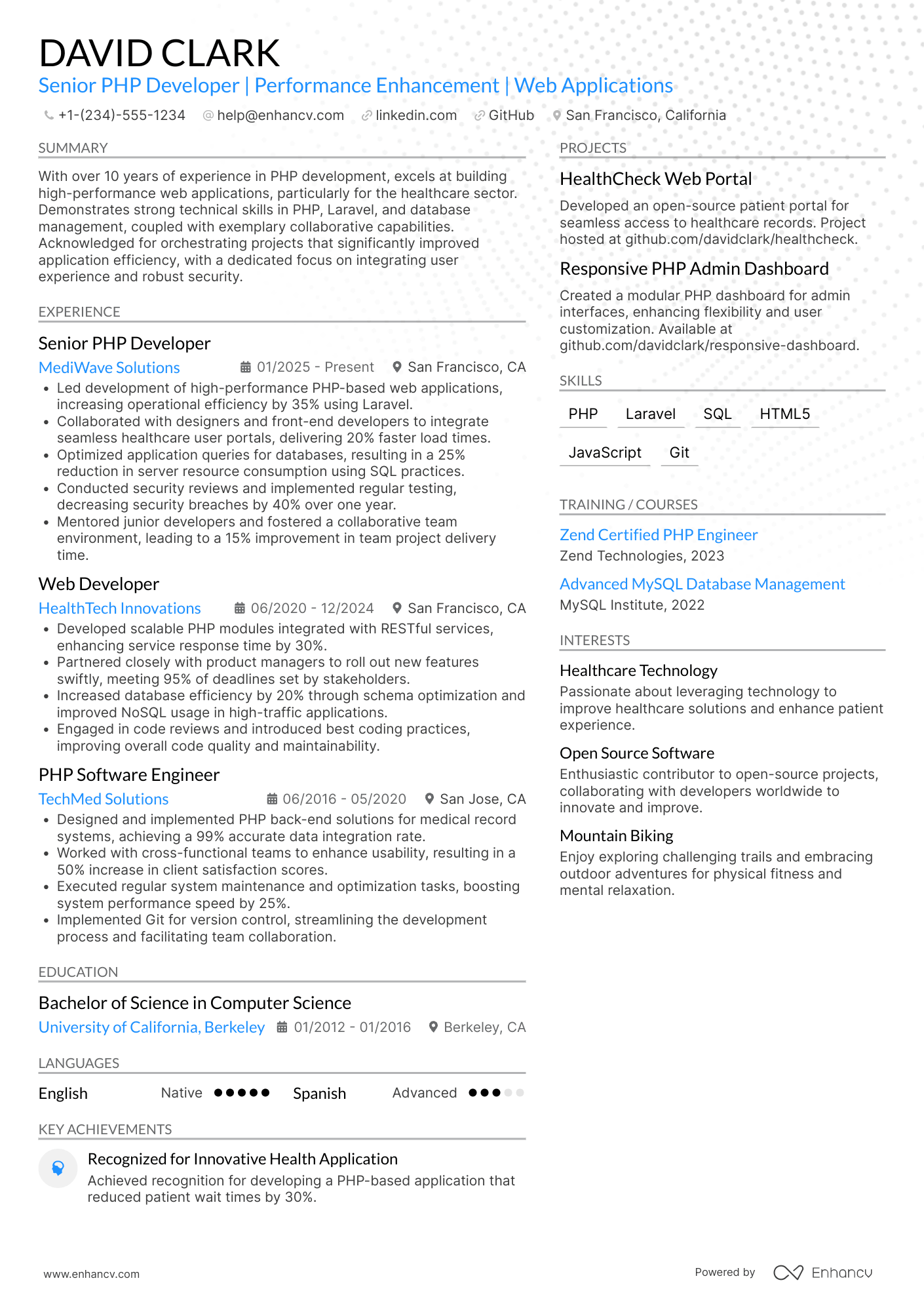 A resume example of a PHP Web Developer