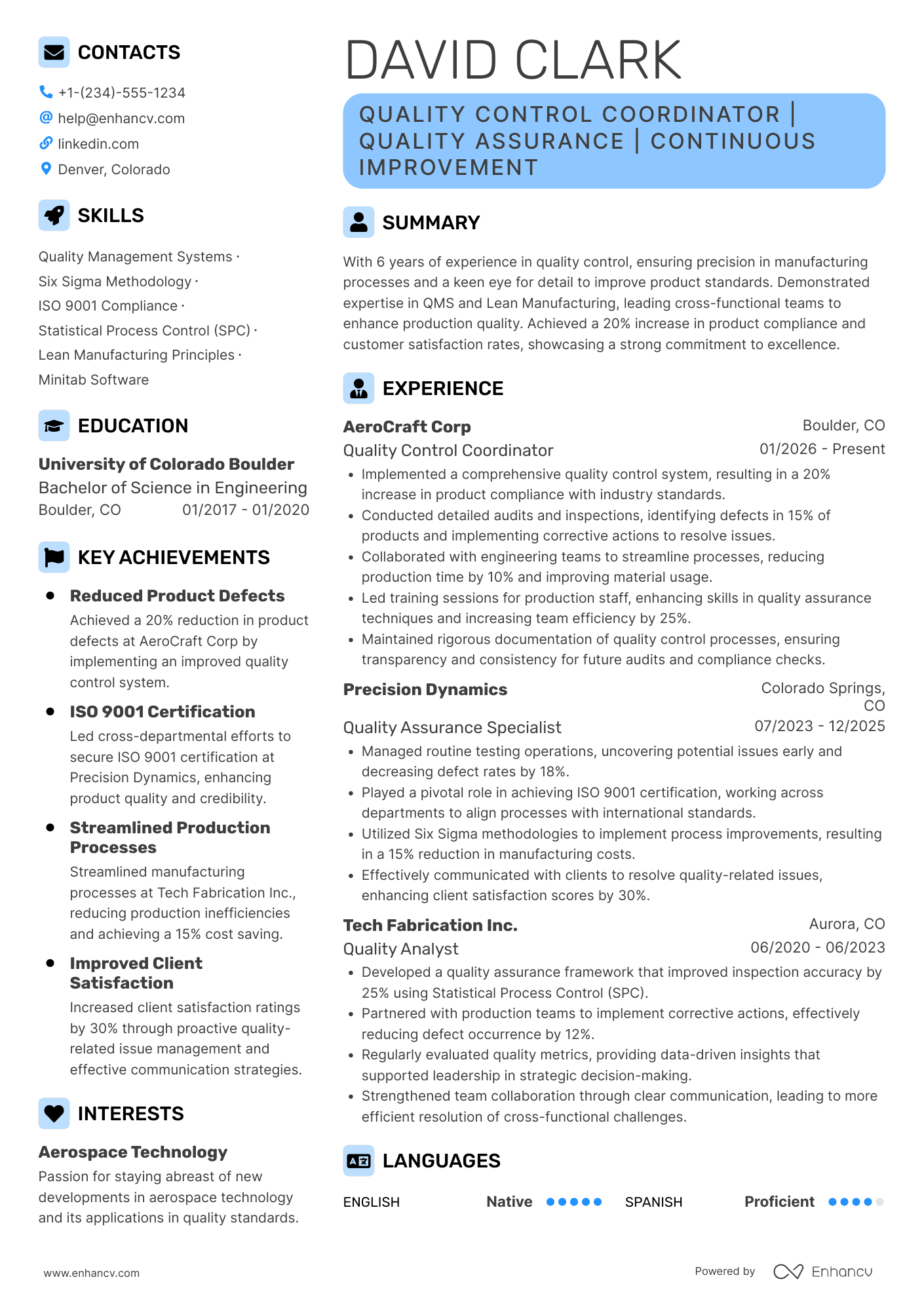 A resume example of a Quality Control Coordinator