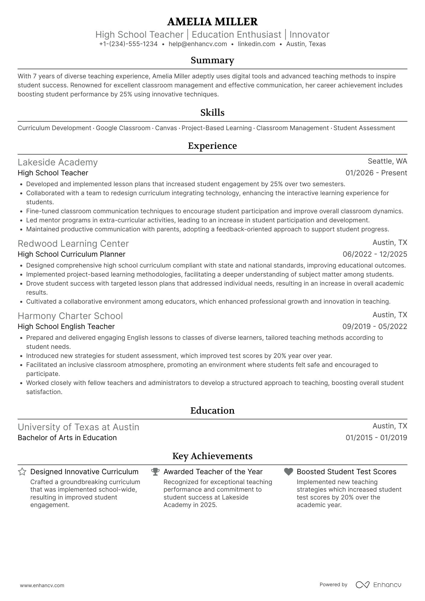 A resume example of a Mid Level High School Teacher
