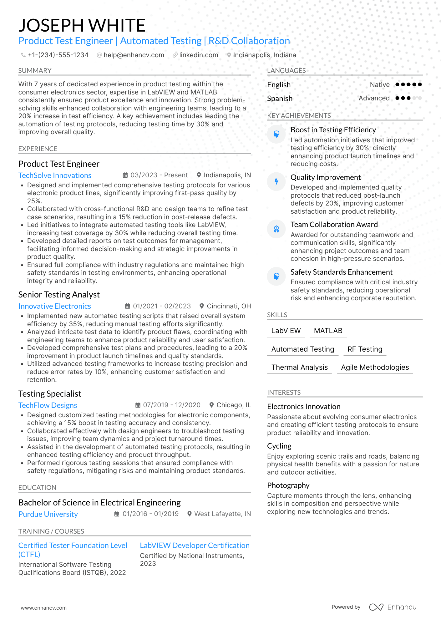 A resume example of a Product Test Engineer