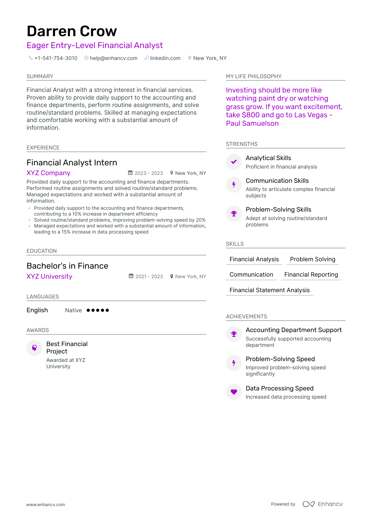 Modern Entry Level Financial Analyst Resume Template