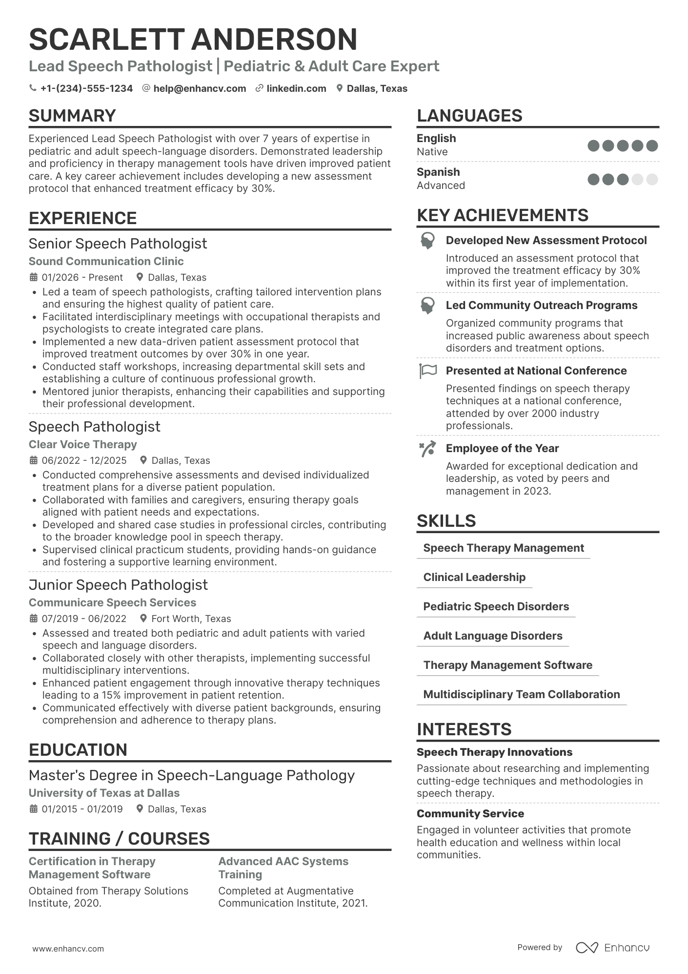 A resume example of a Lead Speech Pathologist