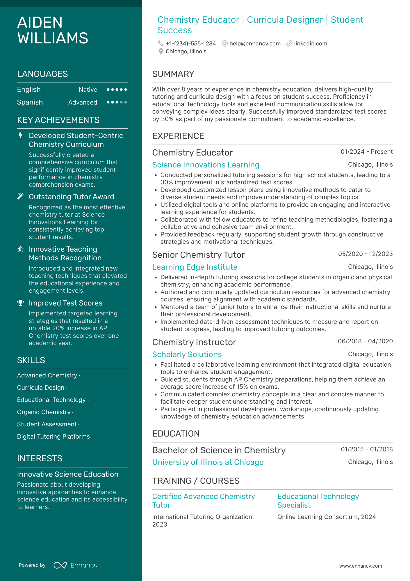 A resume example of a Advanced Chemistry Tutor