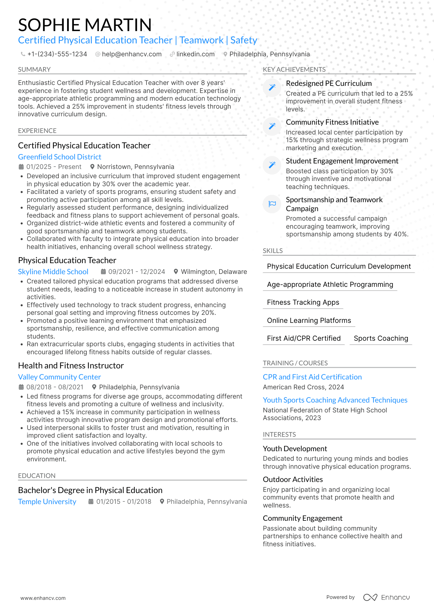 A resume example of a Certified Physical Education Teacher