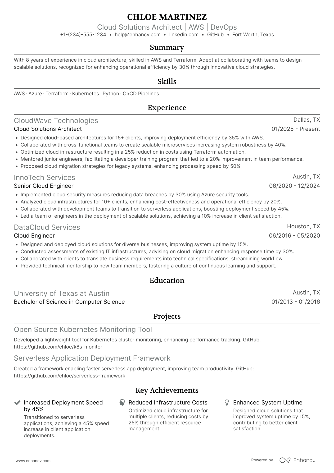 A resume example of a Cloud Solutions Architect