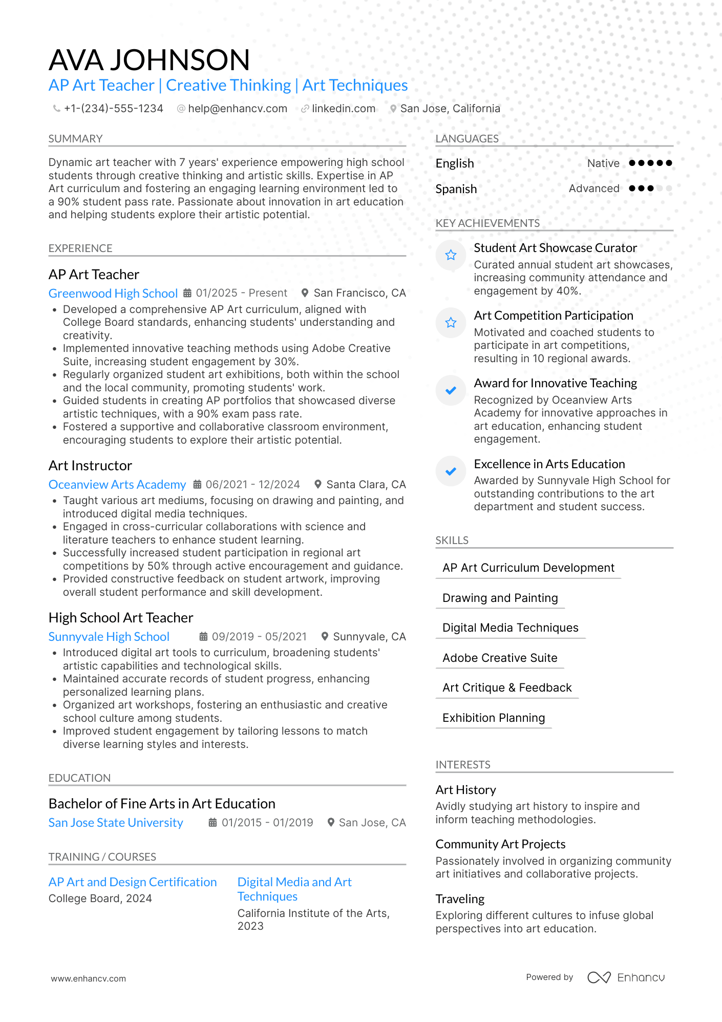 A resume example of a Advanced Placement (AP) Art Teacher