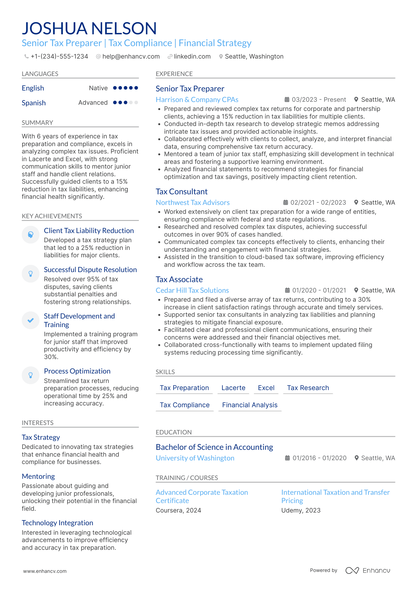A resume example of a Senior Tax Preparer