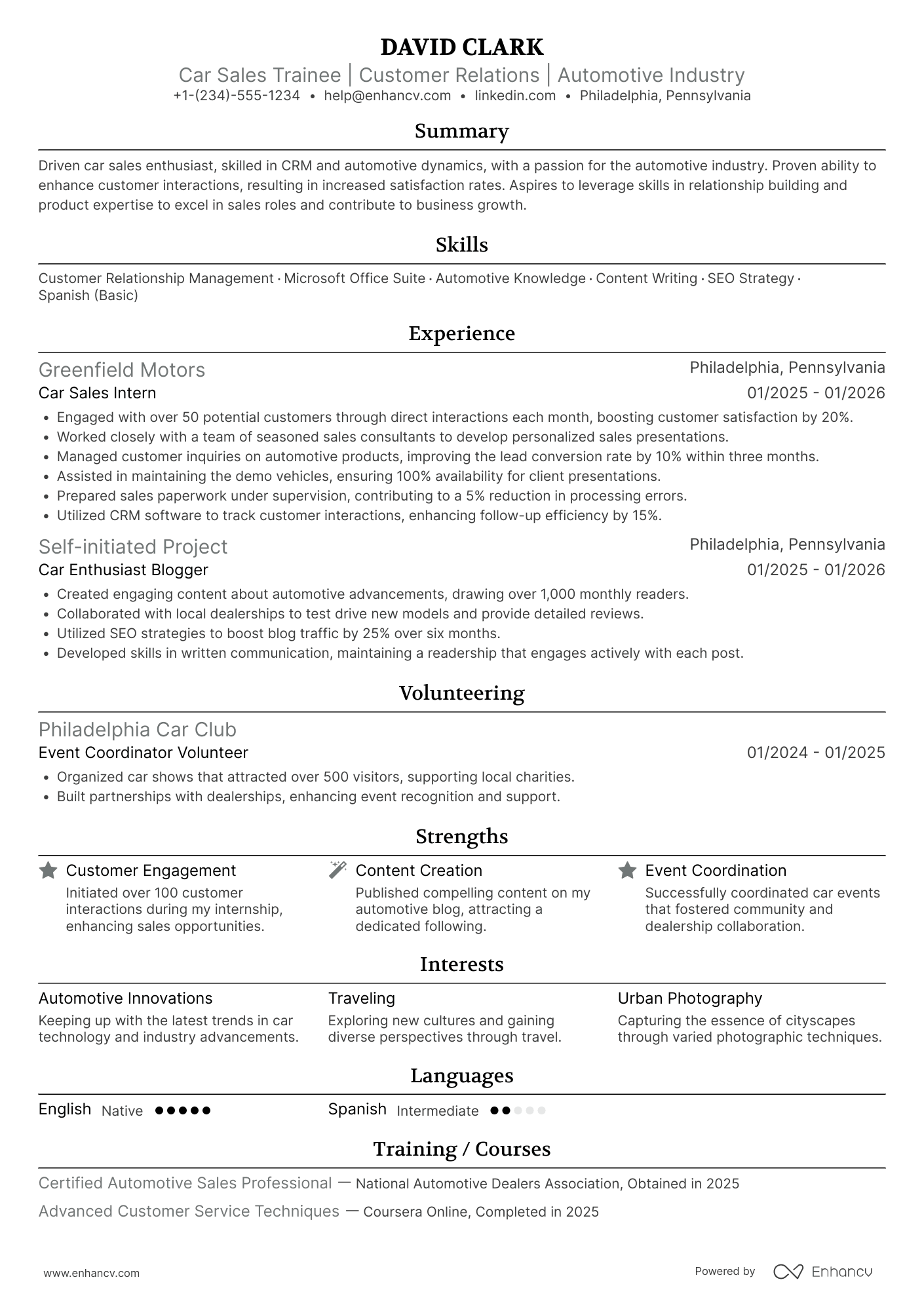 A resume example of a Car Salesman Trainee