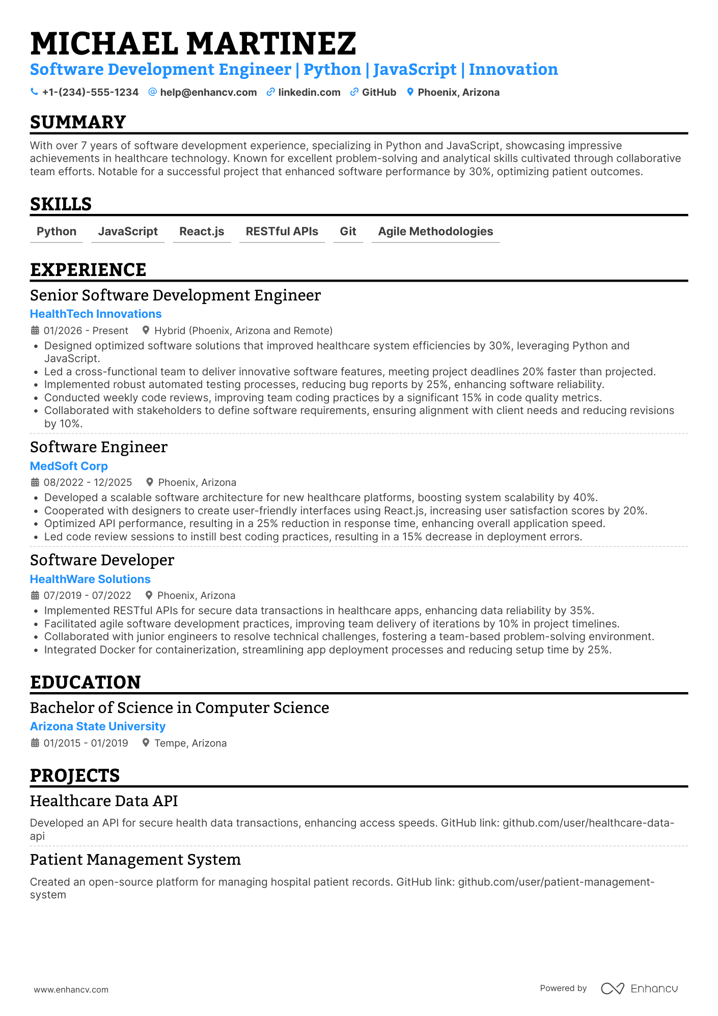 A resume example of a Software Development Engineer